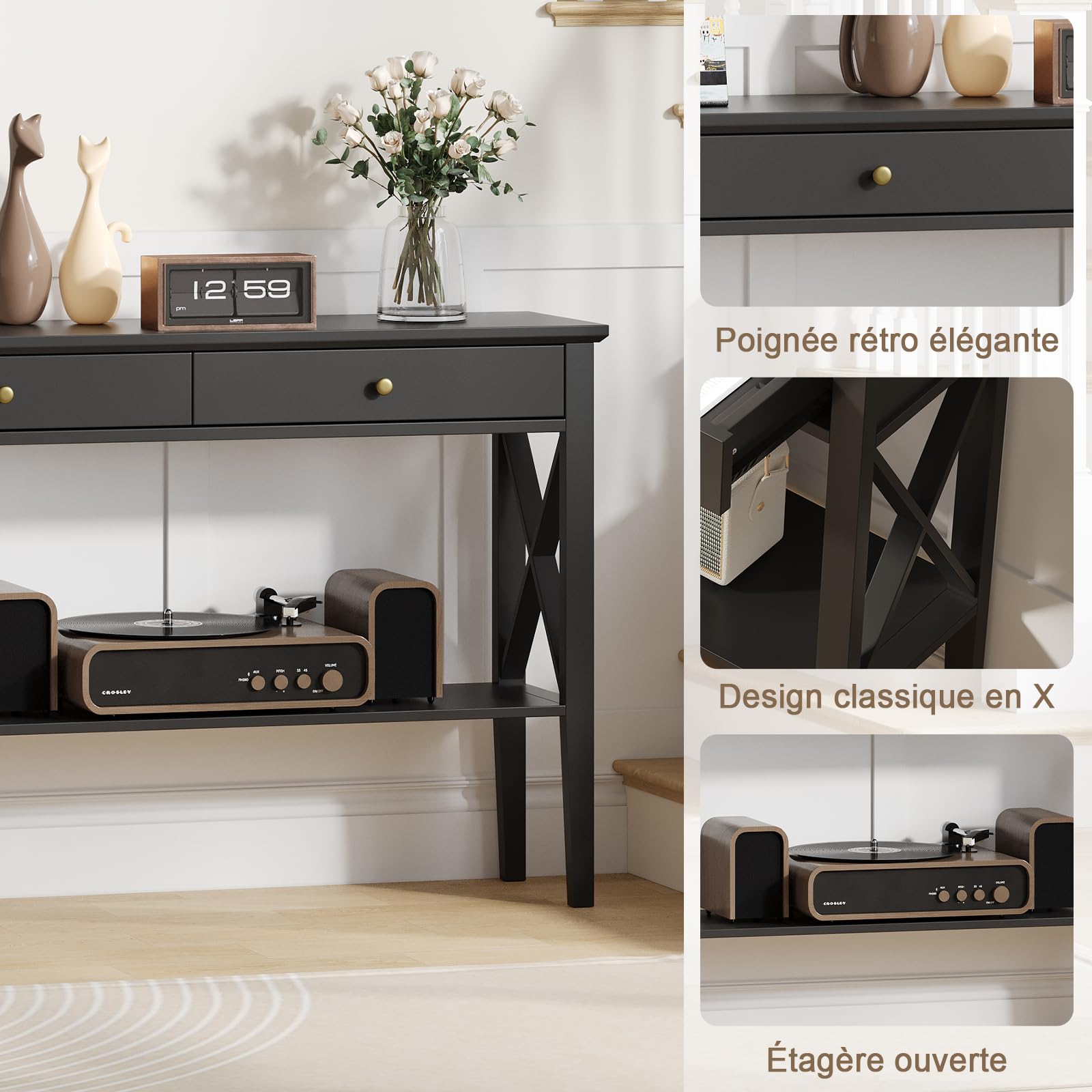 Console Meuble Design pour Espaces Étroits, Meuble 2 Tiroirs et Étagère Fixe pour Entrée, Salon et Couloir, Surface Lisse Facile à Nettoyer, Noir