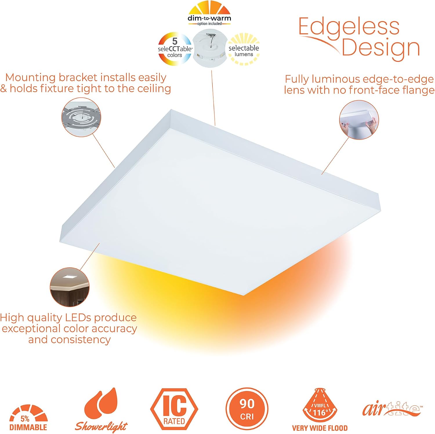 HALO SMX 14-Inch Square Edgeless Surface Mount LED Downlight with Selectable Lumens and Color Temperature, Dimmable Flush Mount Ceiling Fixture for Indoor and Covered Outdoor Use - SMX14SLSFSD2W