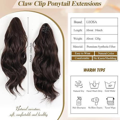 Miniatura 6 de LEOSA Extensión de cola de caballo marrón de 14 pulgadas, pinza de cuerpo, corta, gruesa, ondulada, rizada, con clip, colas de caballo falsas, pelo