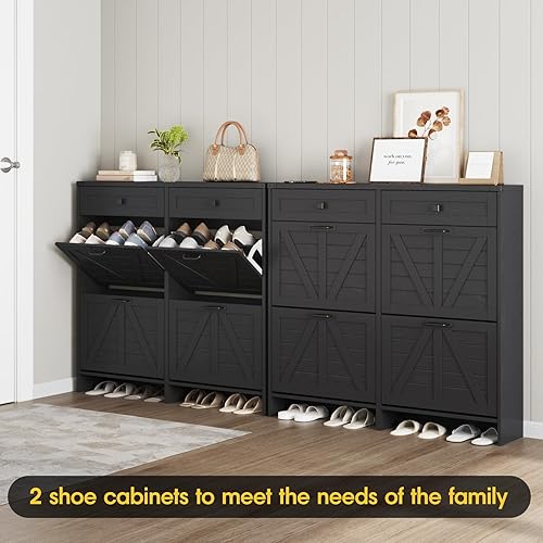 Miniatura 5 de Armario de zapatos con 4 cajones abatibles y 2 cajones, armario de almacenamiento de zapatos de granja para entrada, organizador delgado e