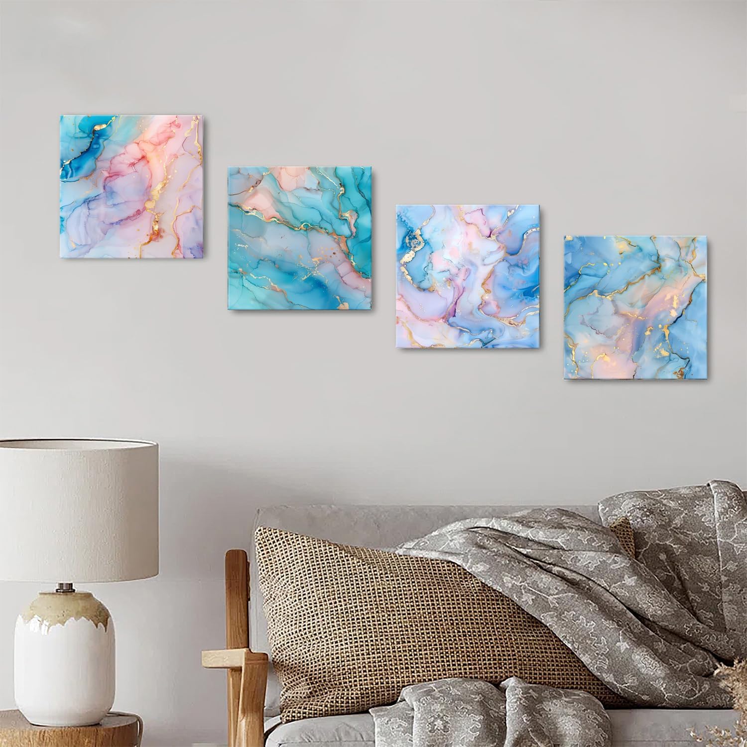 Colorful Abstract Marble Wall Art Pink Blue and Gold Fluid Pictures for Living Room Minimalist Rainbow Foil Lines Canvas Print Modern Artwork Bedroom Bathroom Kitchen Office Home Decoration 12x12" 4P