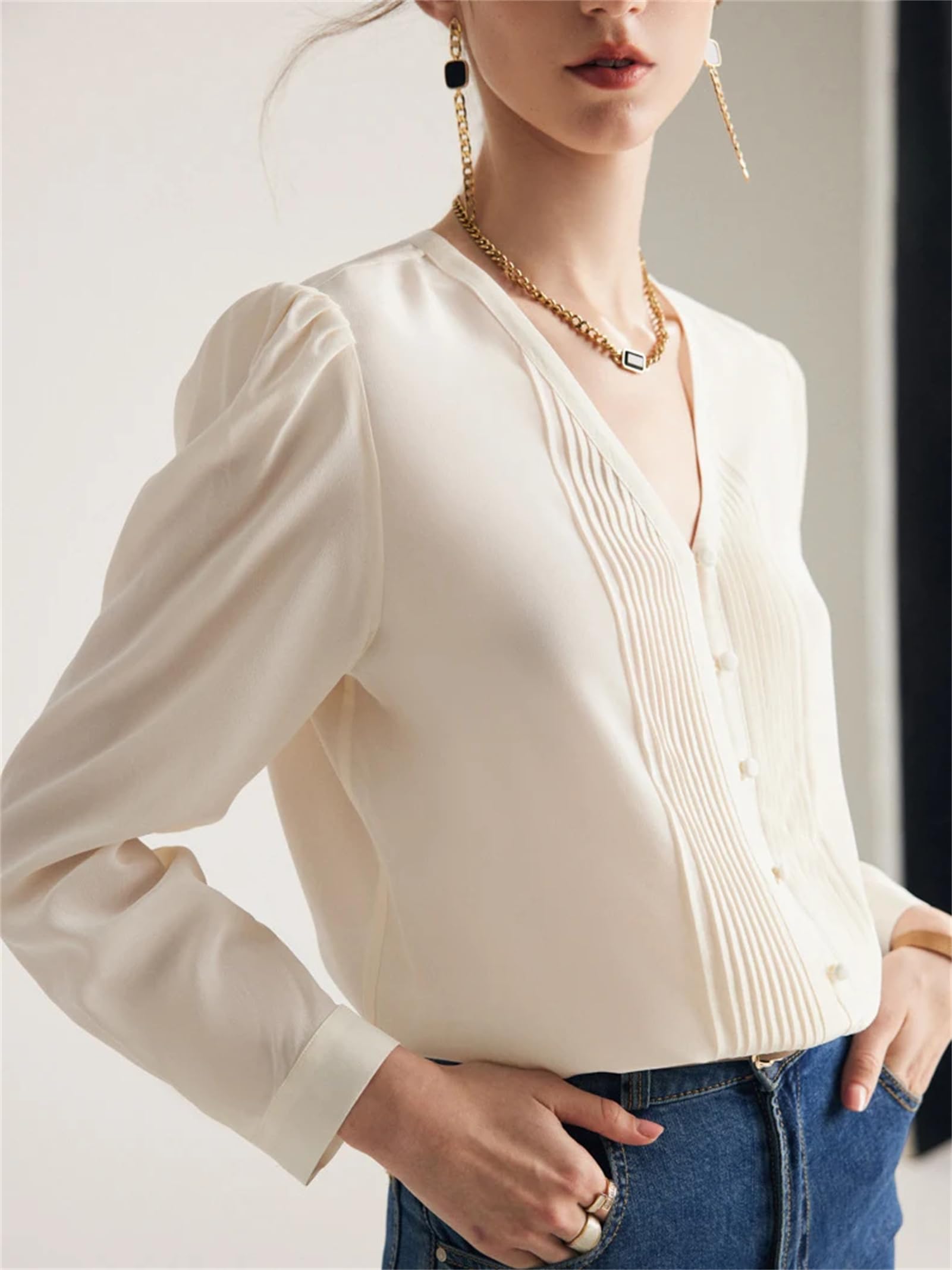 Camisas lisas de seda con cuello en V y manga larga para mujer, blusas elegantes para otoño e invierno, para la oficina