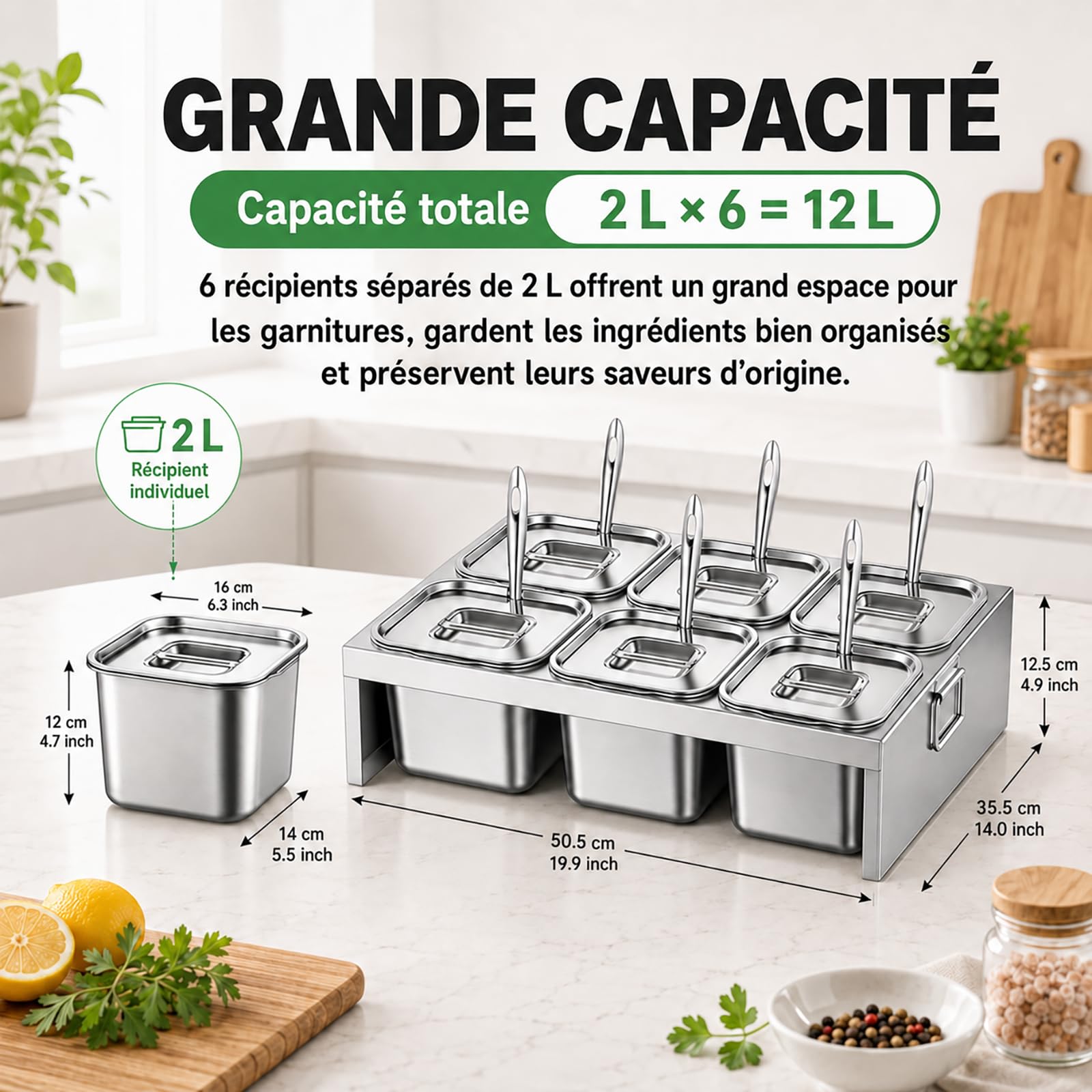 Bac Gastro Inox 6 x 2 L avec Couvercle et Cuillère – Boîte Inox Alimentaire pour Pizza, BBQ, Sauces & Légumes – Récipient Professionnel pour Cuisine, Restaurant & Traiteur
