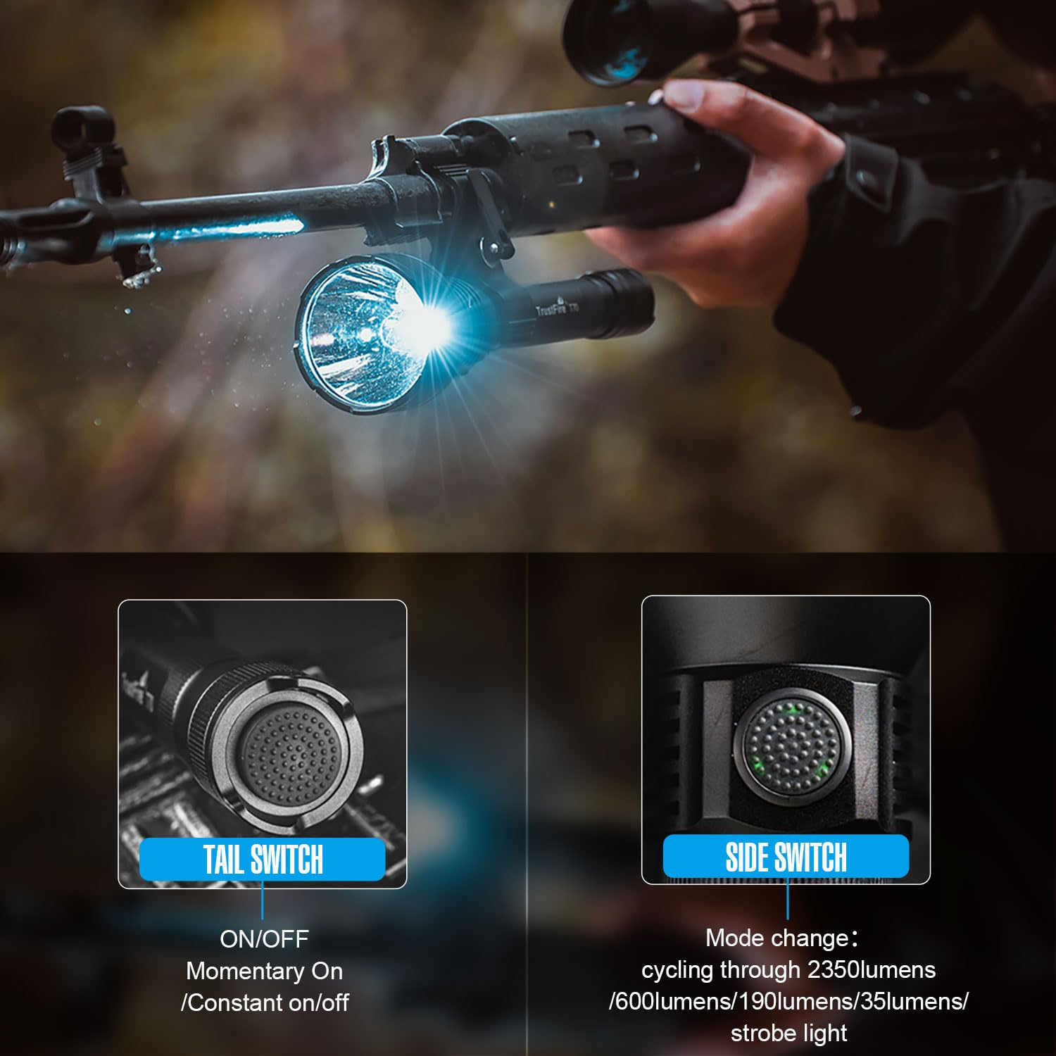 TrustFire T70S - Linterna LED potente profesional, linterna de caza 2350 lúmenes, táctica militar, linterna eléctrica, recargable por USB, linternas de alta potencia, para caza, rescate, emergencia