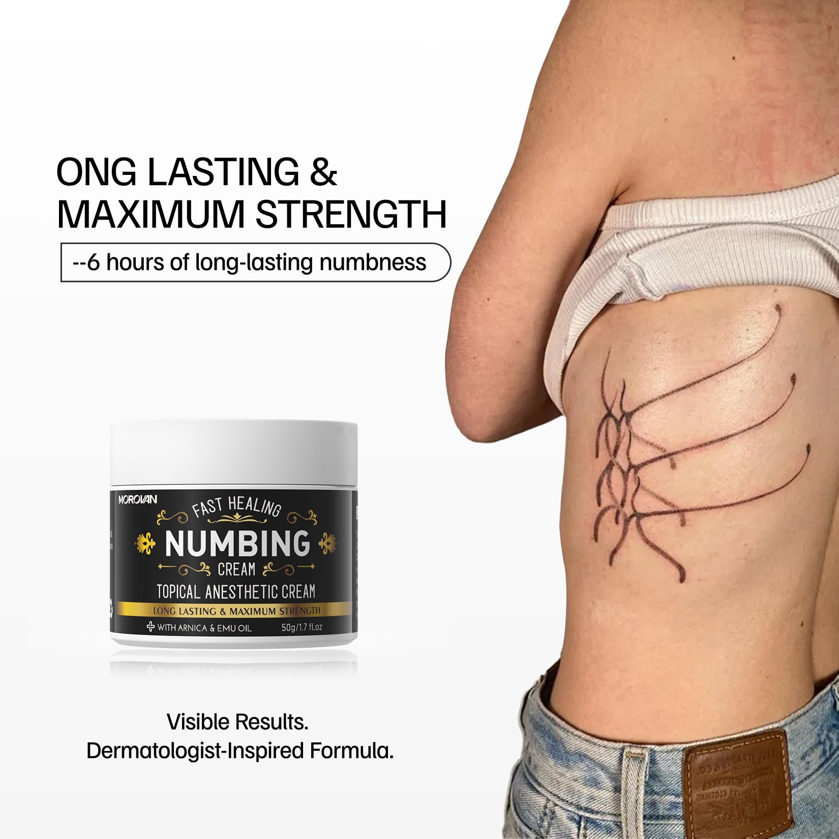 Morovan Tattoo Numbing Cream: 50g/1.7oz 6 Hours Painless Tattoo Numbing Cream for Tattoos Piercing Waxing — view 6