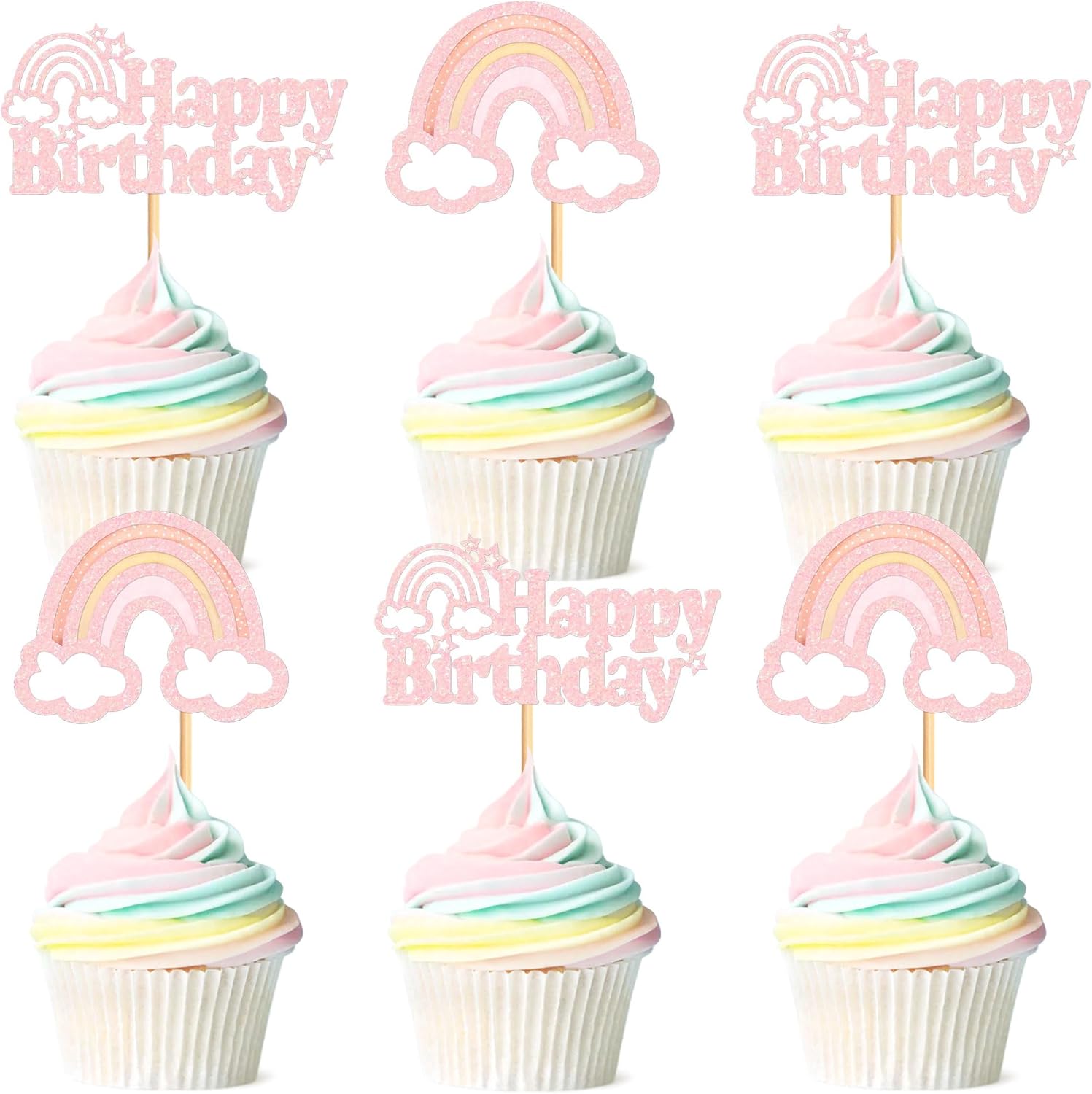 Ercadio 24 Pack Boho Rainbow Happy Birthday Cupcake Toppers