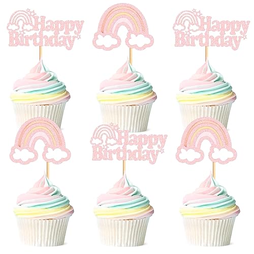 Ercadio Paquete de 24 adornos bohemios para cupcakes de feliz cumpleaños, color oro rosa, boho, arco iris, decoración para tartas, temática de arco