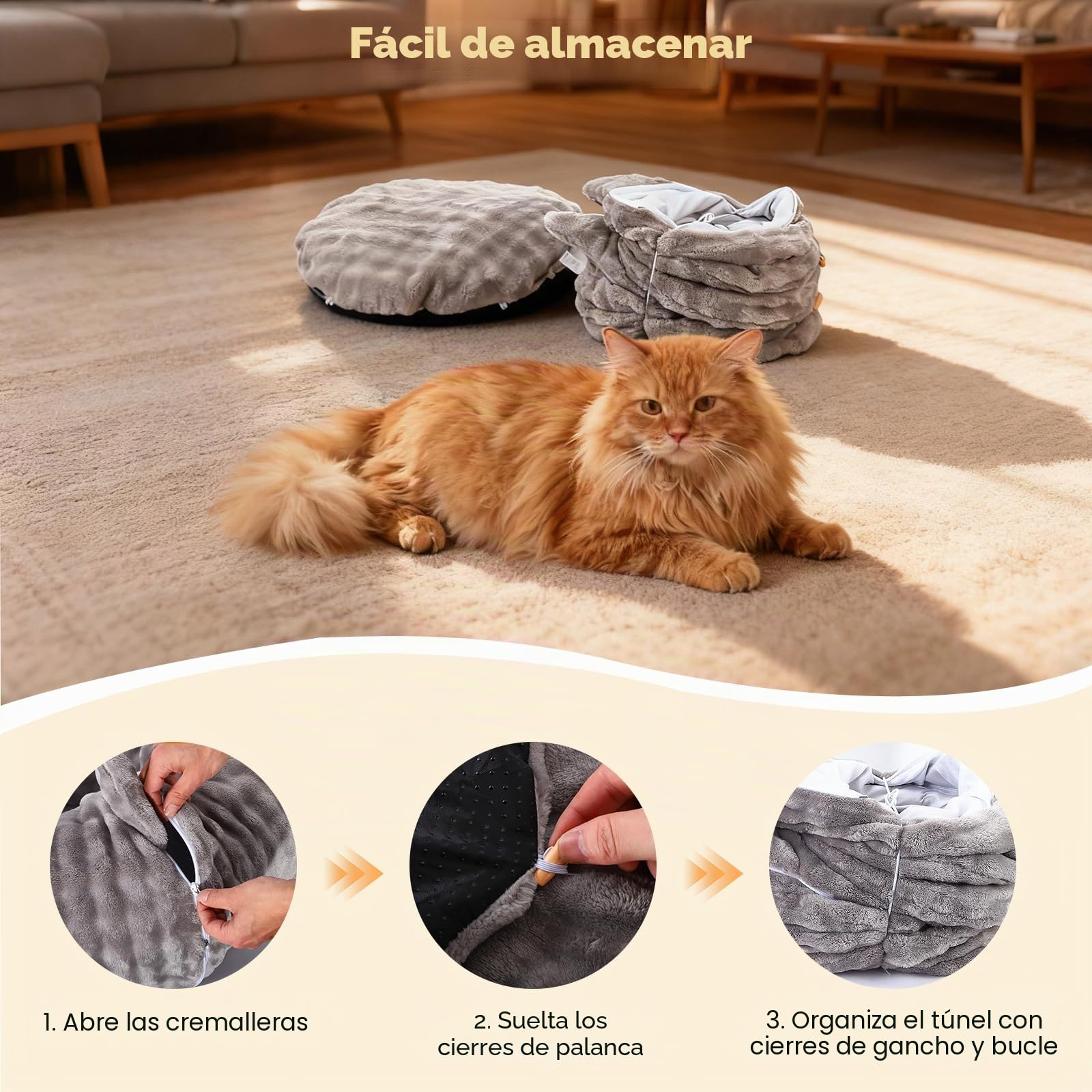Tunel para Gatos, Túnel de Juego y Cama Gato 2 en 1 con Juguetes Colgantes, Cat Tunnel con 2 Entradas, Cojín Circular Lavable, Túnel para Gatos Plegable para Gatitos/Cachorros/Conejos