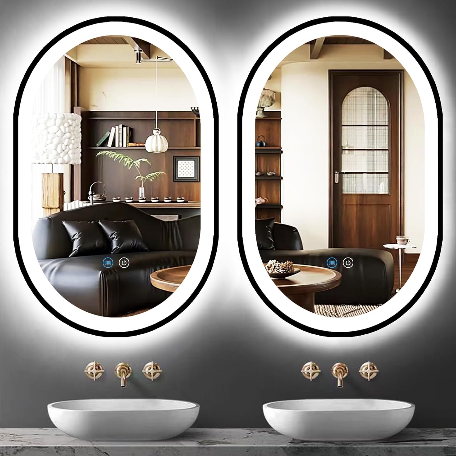 Black Frame Oval Light Vanity Mirror with Lights Dimmable AntiFog Smart Memory Function 3 Color Front Light 16 x 24 Inch Black Framed LED Oval Lighted Mirror for Bathroom Wall Mounted