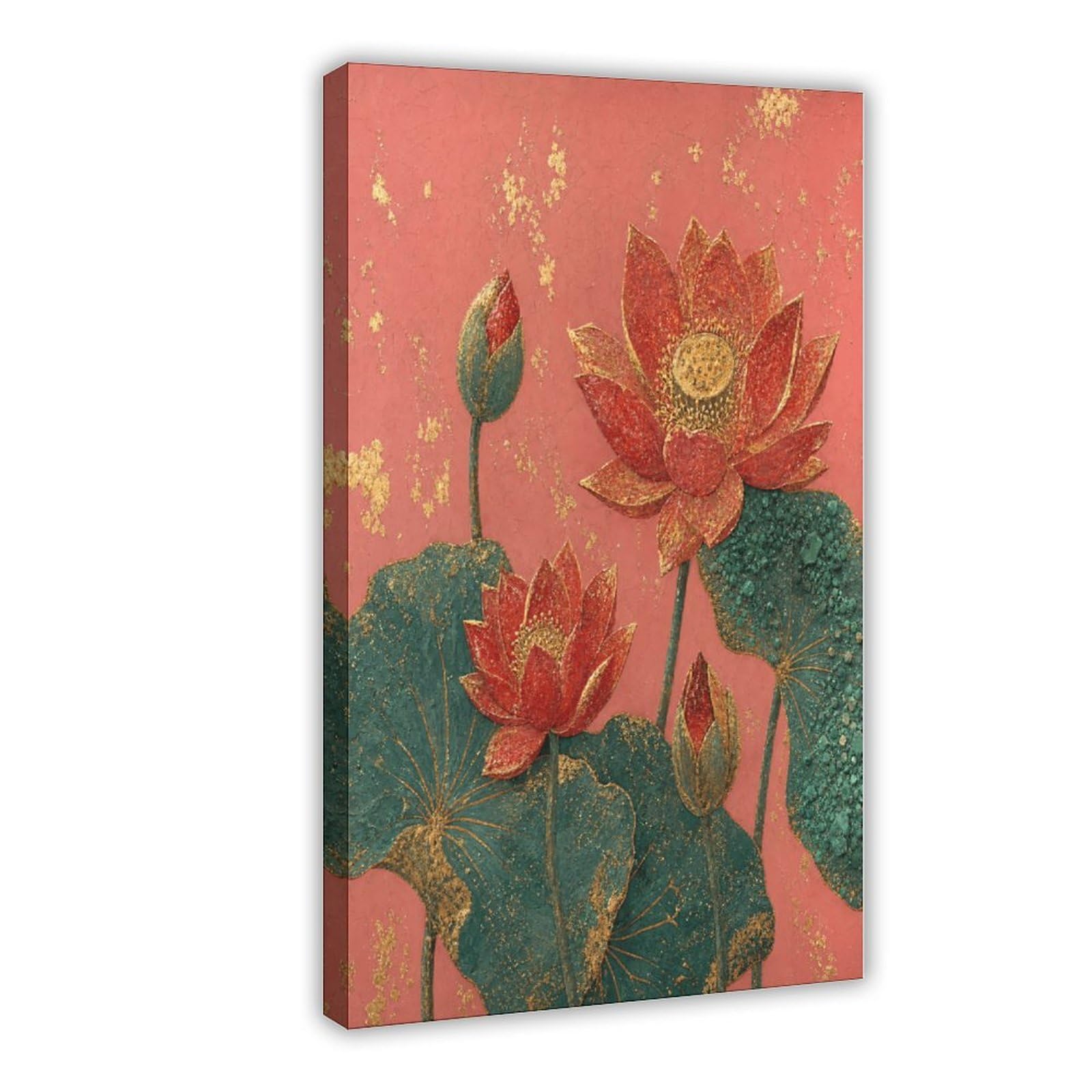 W7c8u2x3 Frame-Style-5 Red Lotus Flowers Canvas Wall Art, Gongbi Painting Sofa Area