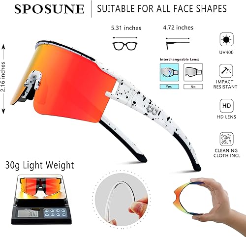 Miniatura 3 de SPOSUNE Gafas de ciclismo polarizadas con 3 lentes intercambiables para mujeres y hombres, TR90 gafas de sol deportivas para correr y béisbol