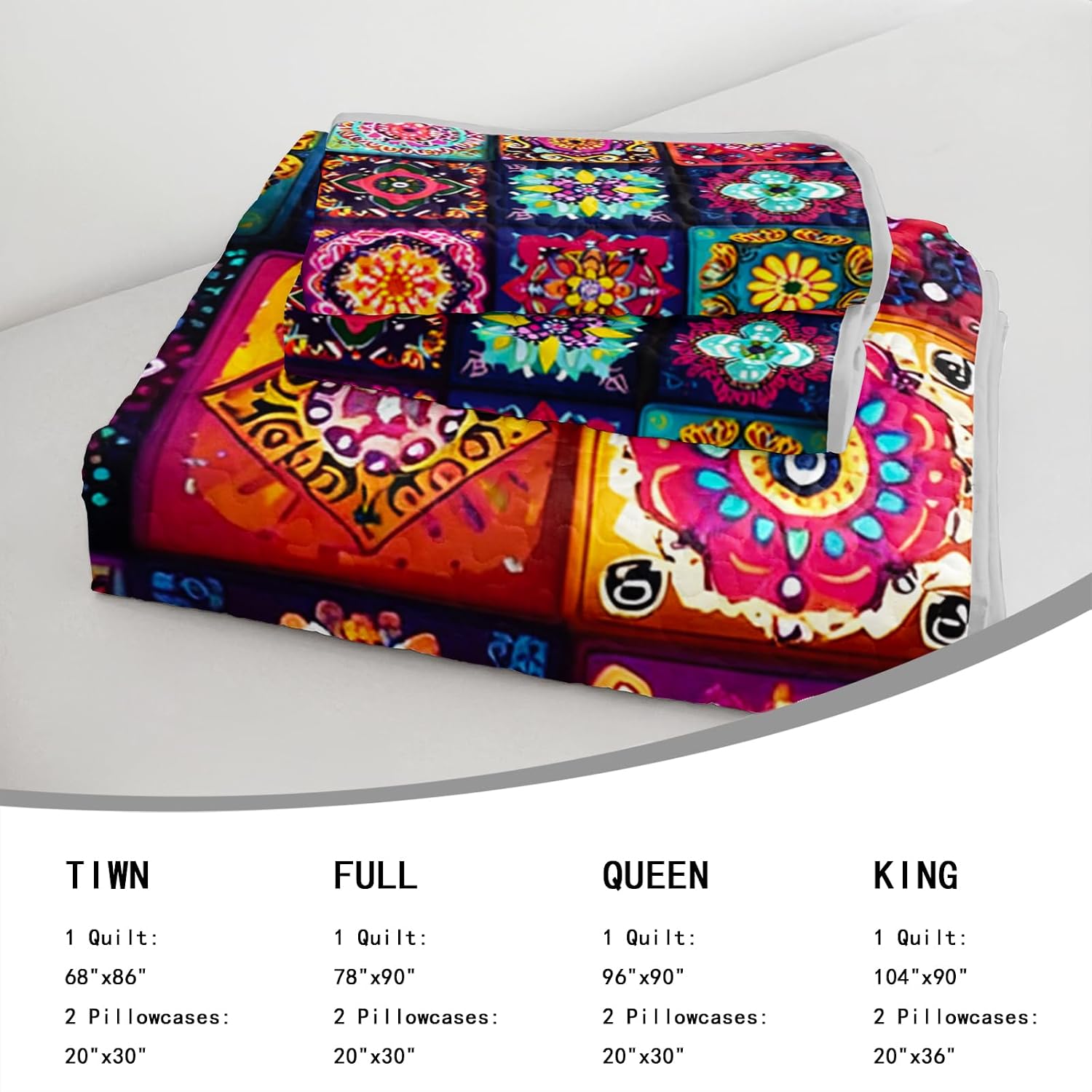 AILONEN Boho Floral Quilt Set Twin Size, Colorful Mandala Bohemian Ethnic Flower Bedspread Coverlet,Microfiber Bed Cover 3Pcs,2 Pillowcases
