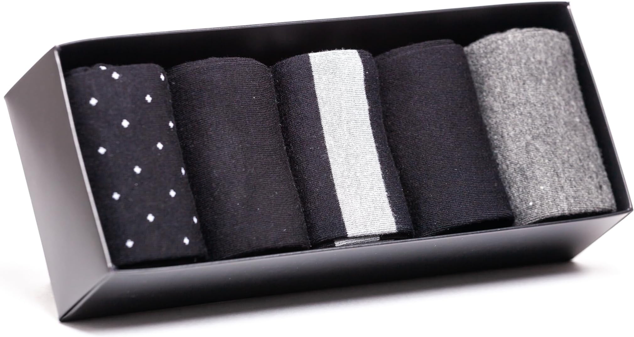 ECOBAM Mens Dress Socks 5 Pair Gift Box - Dress Socks for Men Patterned and Solid Crew Socks, Striped Calf Socks Size 7-12, Black, 5-12 UK