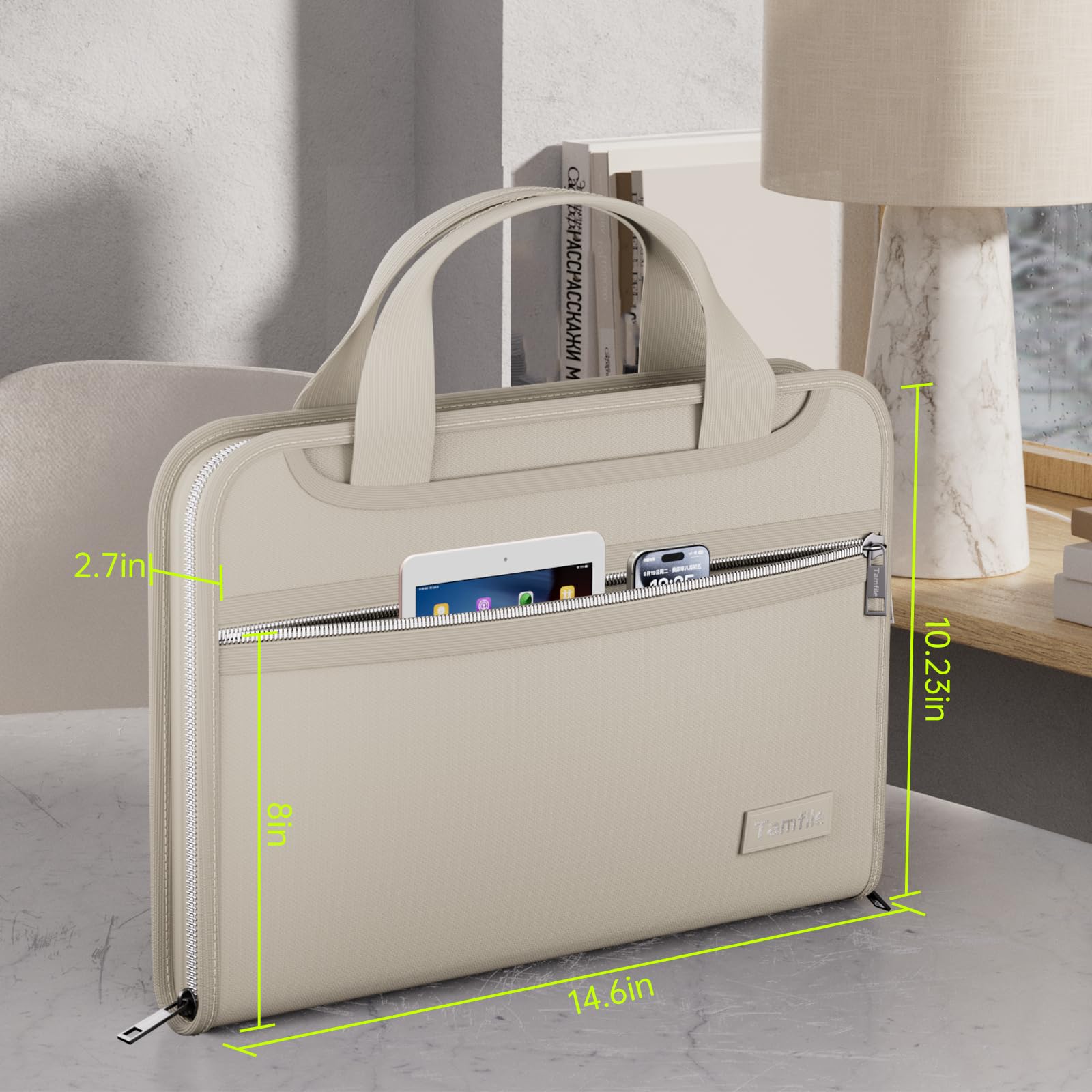 Organiseur de fichiers accordéon ignifuge avec poignée, 13 poches extensibles avec fermeture éclair et étiquettes, classeur à 3 anneaux, classeur multi-poches pour dossiers A4 (beige)