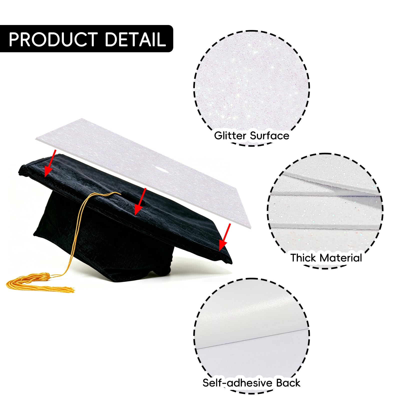 6 Sheets Graduation Cap Decoration Blank Grad Cap Topper Self-Adhesive Glitter Grad Hat Topper Cover Decor for 2026 DIY Graduation Cap Decoration, White — view 3