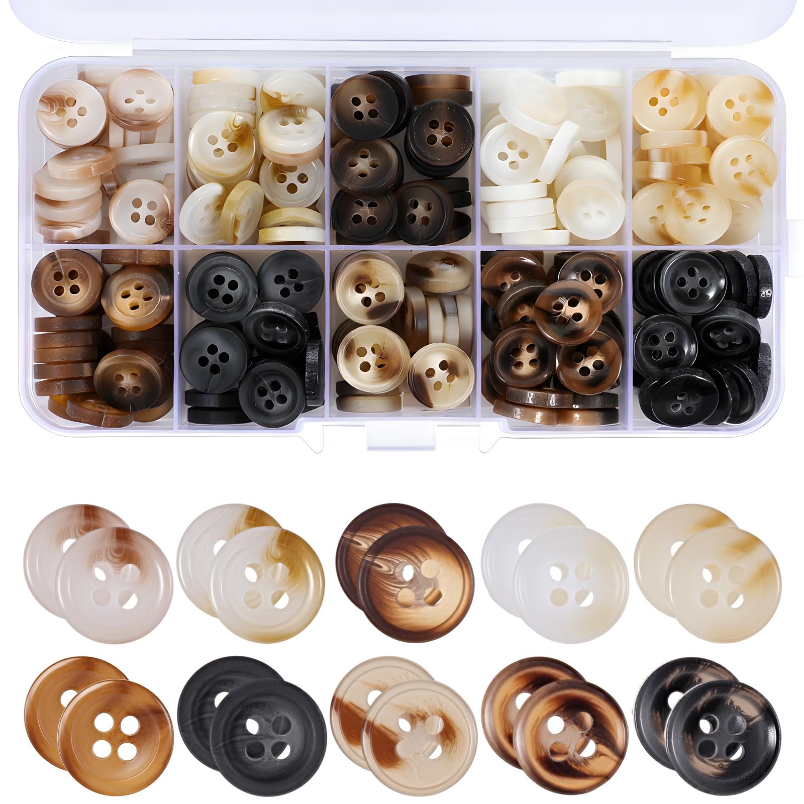 300 Pcs Resin Buttons for Sewing 10 Types 0.45in 4 Hole Round Sewing Buttons with Storage Box Elegant Assorted Button for Clothes Shirt Suit Coats Sweaters Pants DIY Manual Replacement Decorations