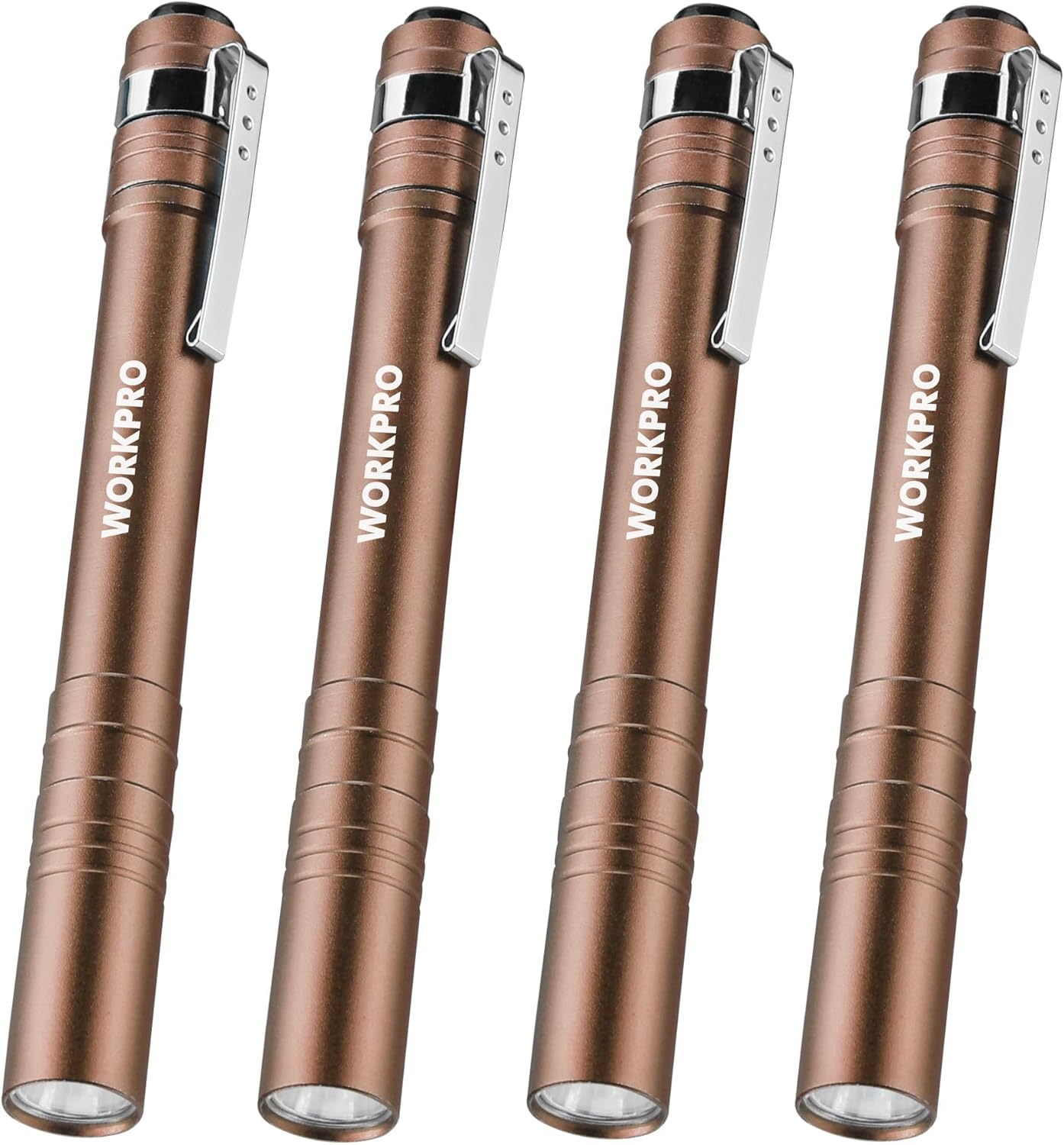 WORKPRO LED Pen Light, Aluminum Pen Flashlights, Pocket Flashlight with Clip for Inspection, Emergency, Everyday, 2AAA Batteries Include, Brown(4-Pack)