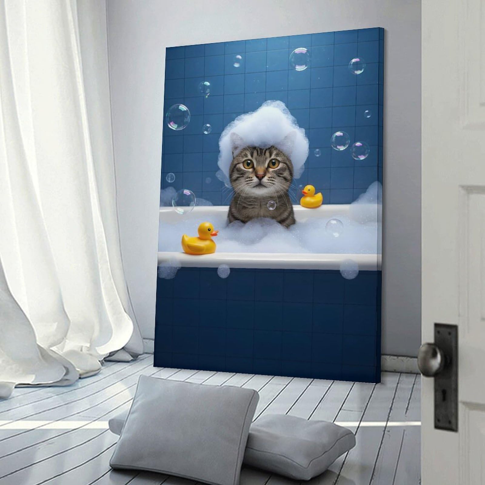 Junmoney Canvas Wall Decor Cat in Bathtub with Bubbles, 20x30inch(50x75cm), for Restful Interiors, Bedrooms Or Small Rooms, Canvas Wall Decor for Personal Spaces
