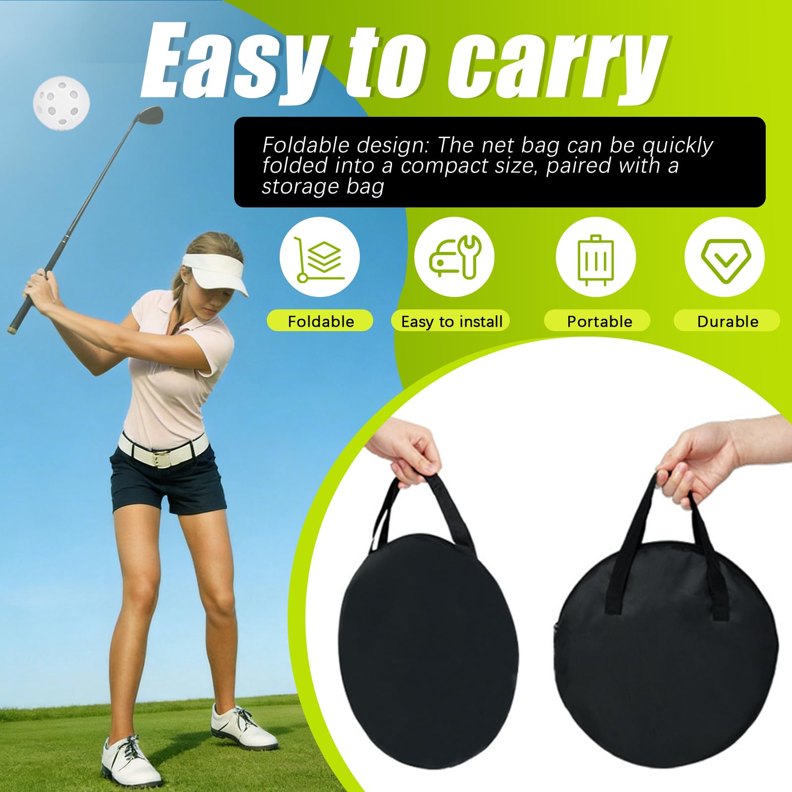 Filet de Golf, Kit 3 Pièces Filet D'entraînement de Golf avec Tapis de Gazon Synthétique de 30 x 30 cm Putter Télescopique 6 balles et Sac de Rangement pour L'entraînement en Intérieur et en Extérieur