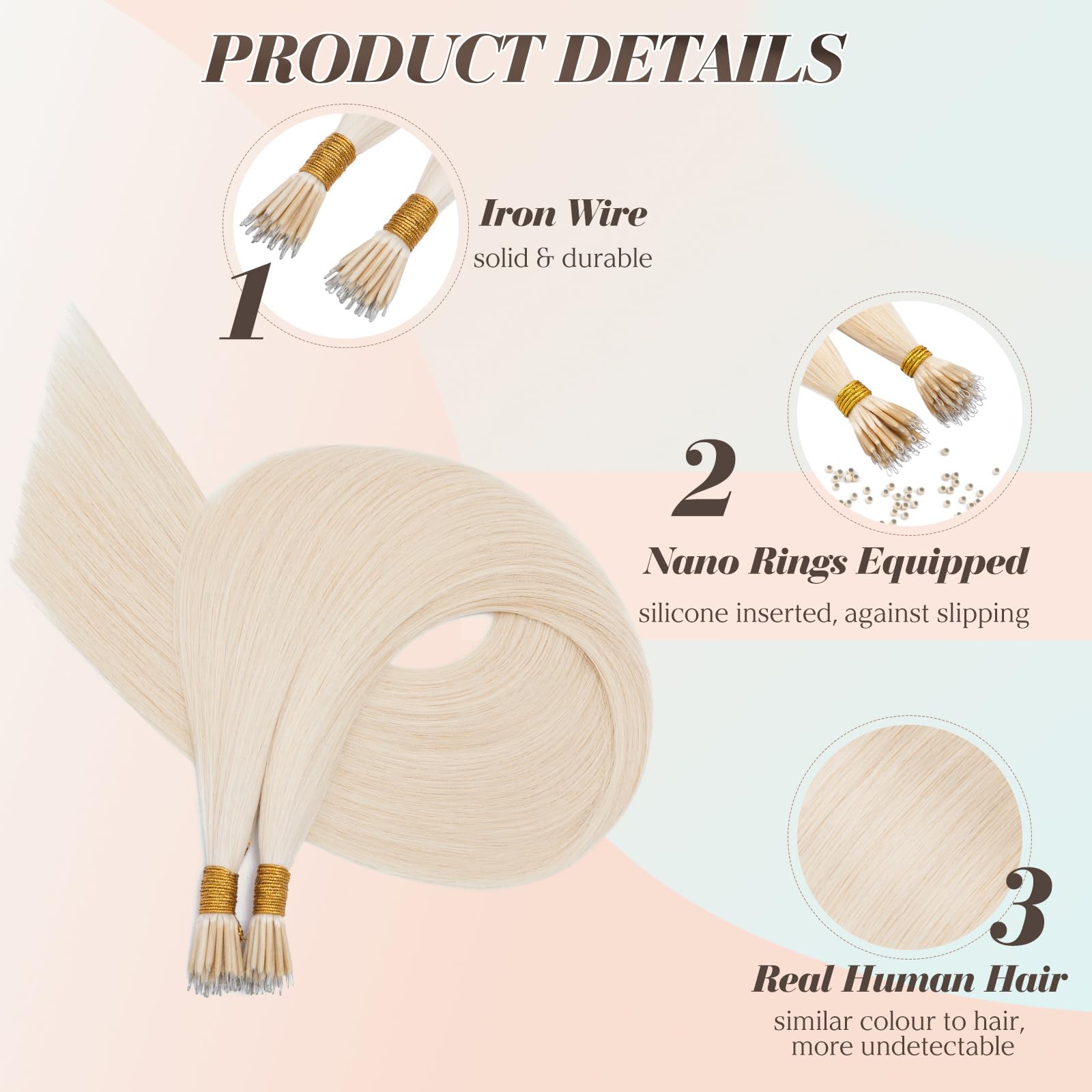 Benehair Nano Ring Hair Extensions Real Human Hair Extensions Nano #60 Platinum Blonde Straight Remy Invisible 50g/Pack 18 Inches - Image 3