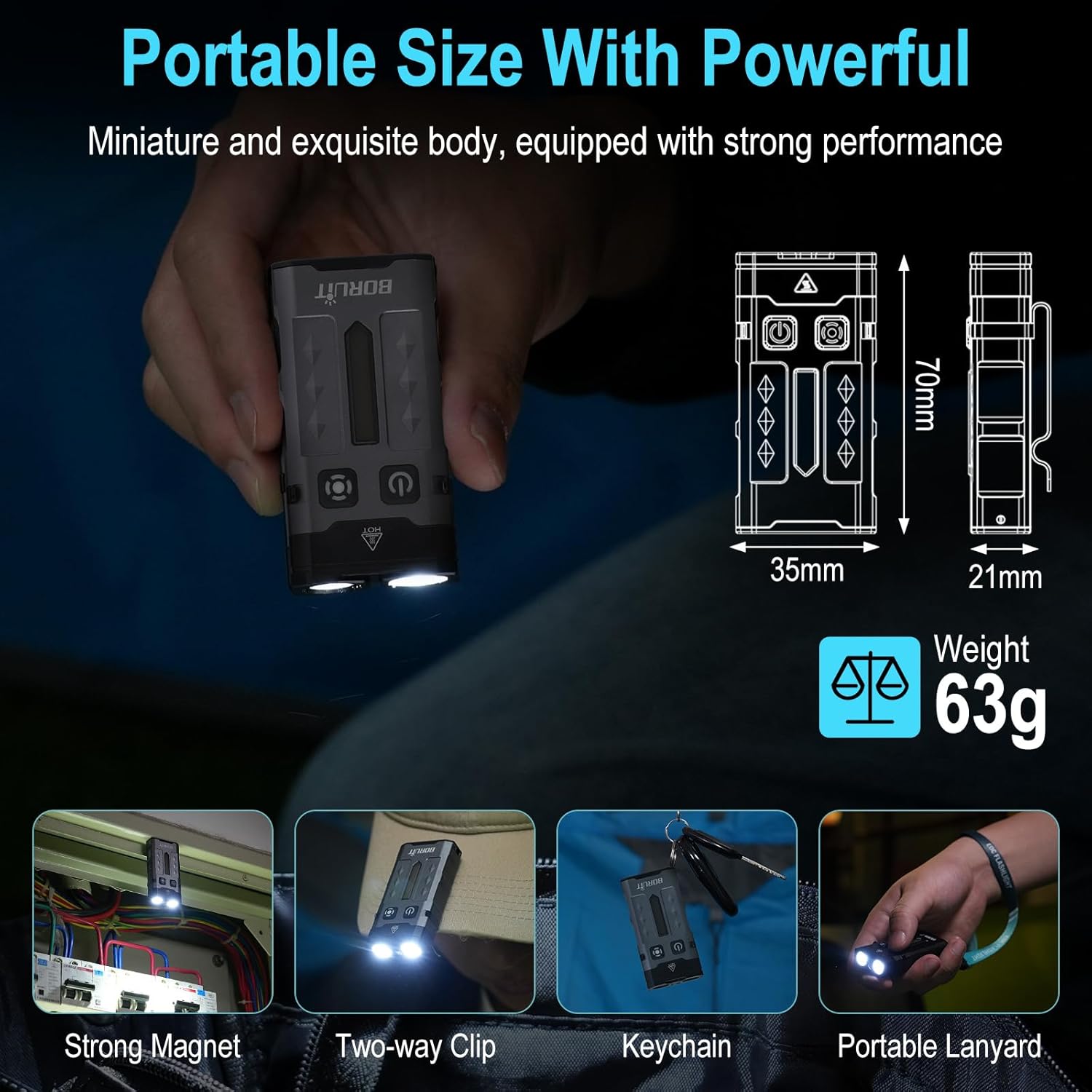 BORUIT EV20 flashlight connected to a USB-C charger, showing a red charging indicator light