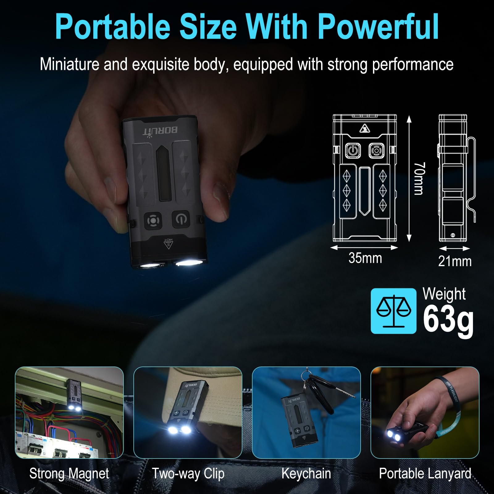BORUIT EV20 Petite lampe de poche LED EDC avec lumière UV 365 nm, 1100 lumens, lampe de poche porte-clés rechargeable USB-C avec lumière latérale RVB, étanchéité IP66, clip et aimant de queue pour
