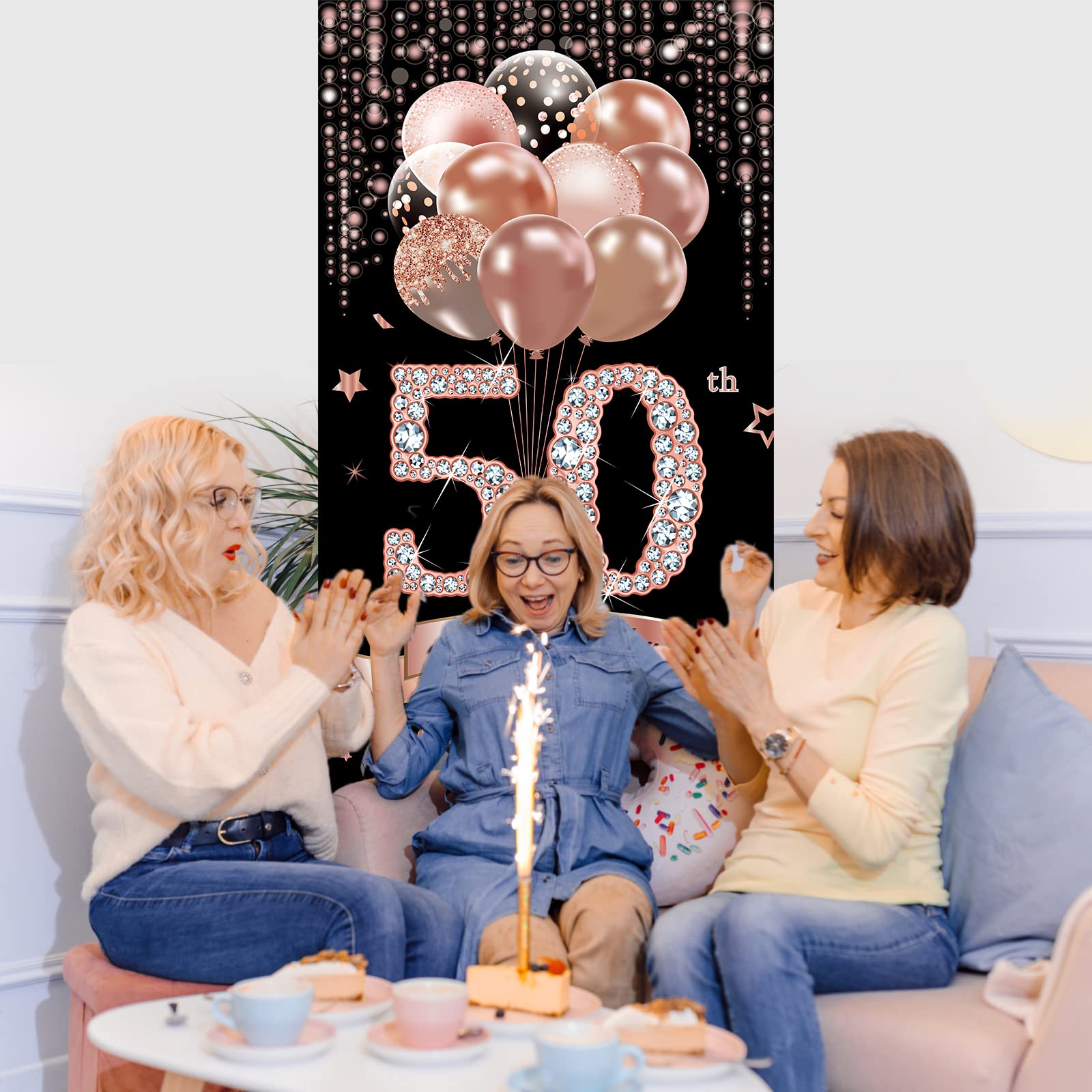HOMETITUTE Türabdeckung Zum 50. Geburtstag – Schwarz-Gold, 180 X 89 Cm, Mit Diamant-Nummer