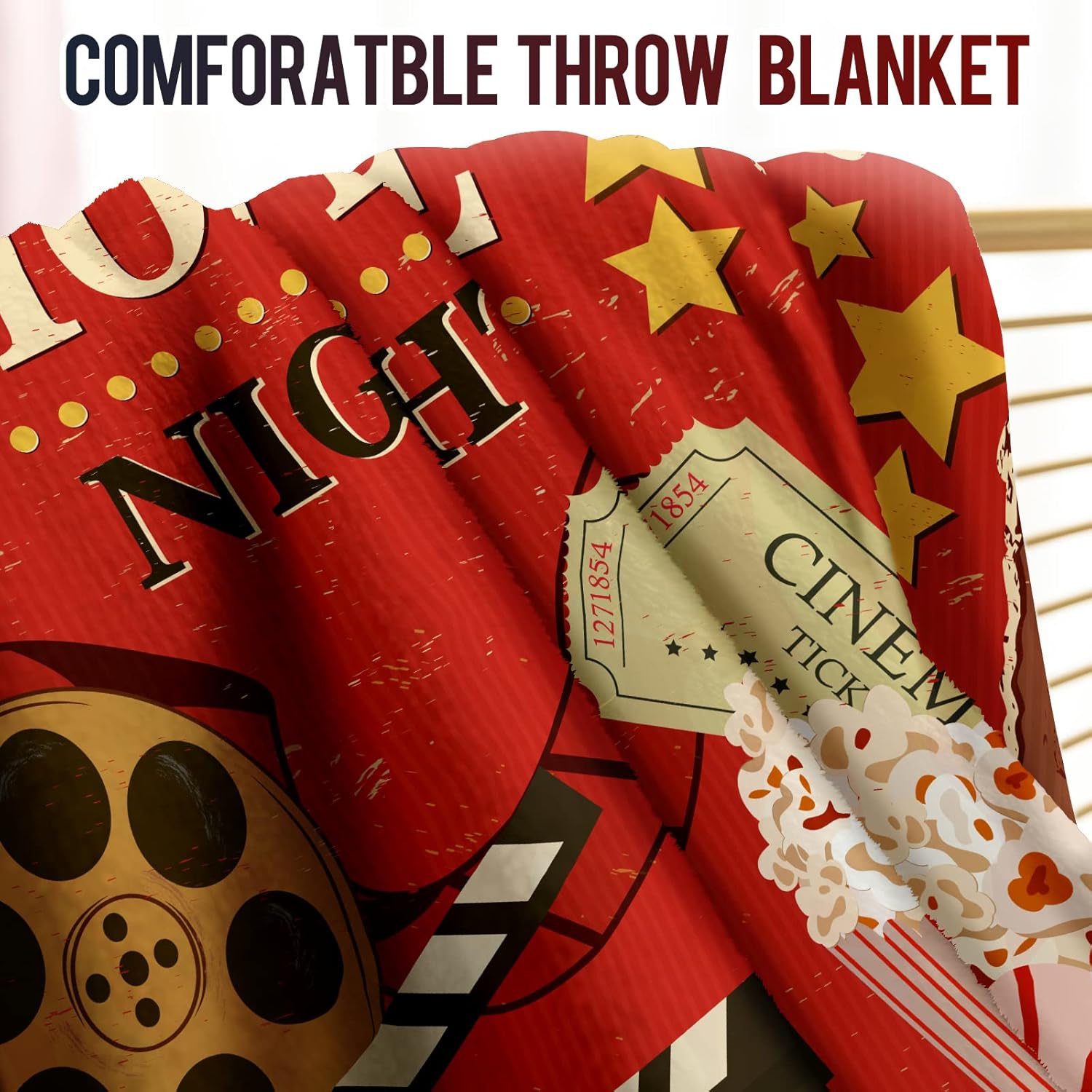 Levens Movie Theme Blanket Gifts for Women Girls Boys 60"x80", Popcorn Cinema Print Decoration for Home Bedroom Living Room All Seasons, Soft Comfort Smooth Lightweight Throw Plush Blankets Red Twin