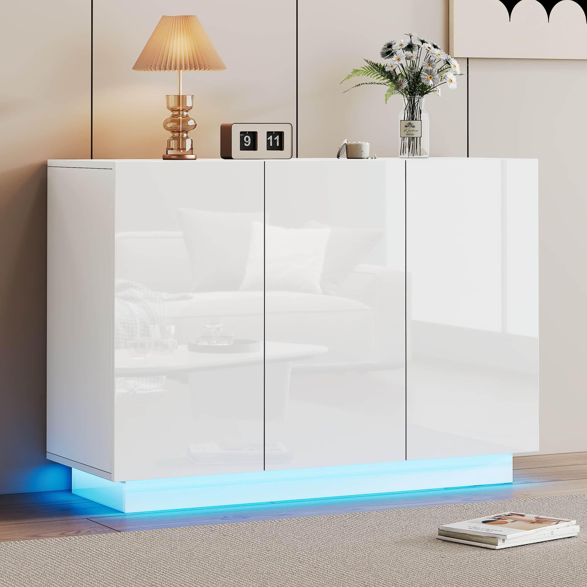 Sweiko - Mueble de almacenamiento moderno, 120 x 40 x 75 cm, con puertas lacadas blancas, iluminación LED integrada, mueble de salón versátil para cocina, dormitorio u oficina