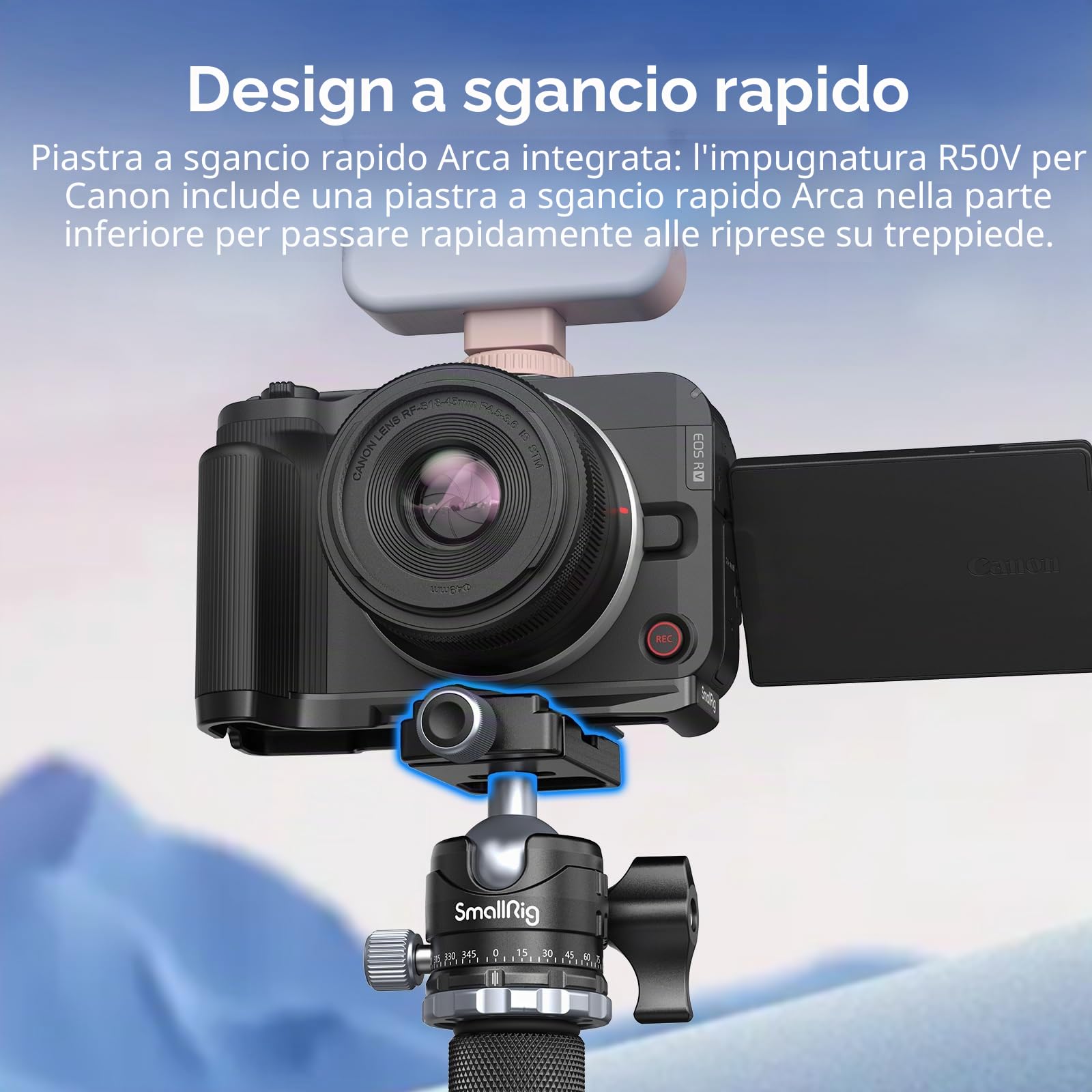 SMALLRIG Impugnatura R50 V a forma di L per Canon R50V con piastra a sgancio rapido per Arca, impugnatura laterale leggera a coste, supporto per scarpa fredda, fori filettati da 1/4"-20, supporto per