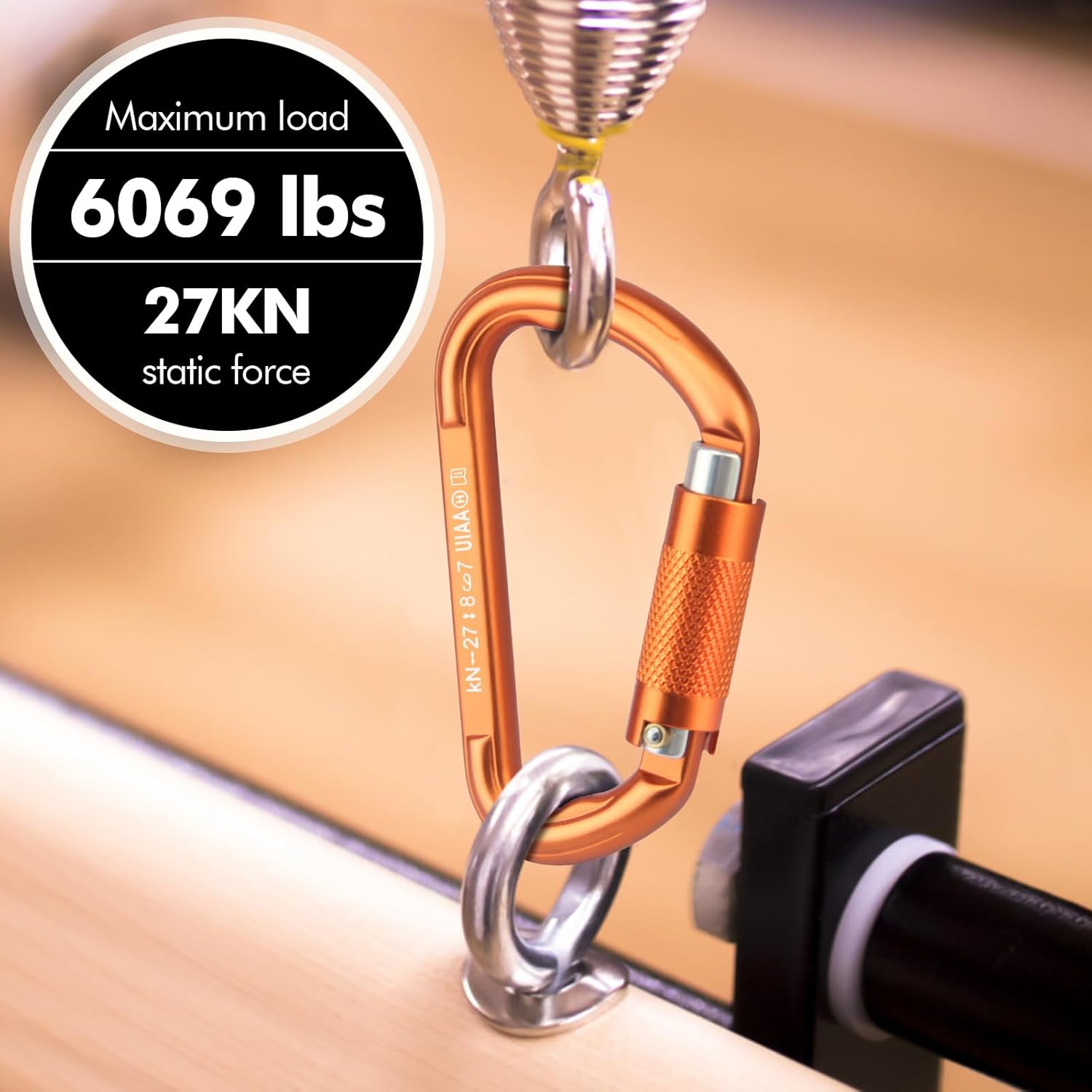 T-Fly Auto Locking Carabiner 27KN (6069 lbs), UIAA Certified 4.6" Heavy Duty Carabiner Clips for Climbing, Hammocks, Rappelling, Mountaineering (Orange) - Image 3