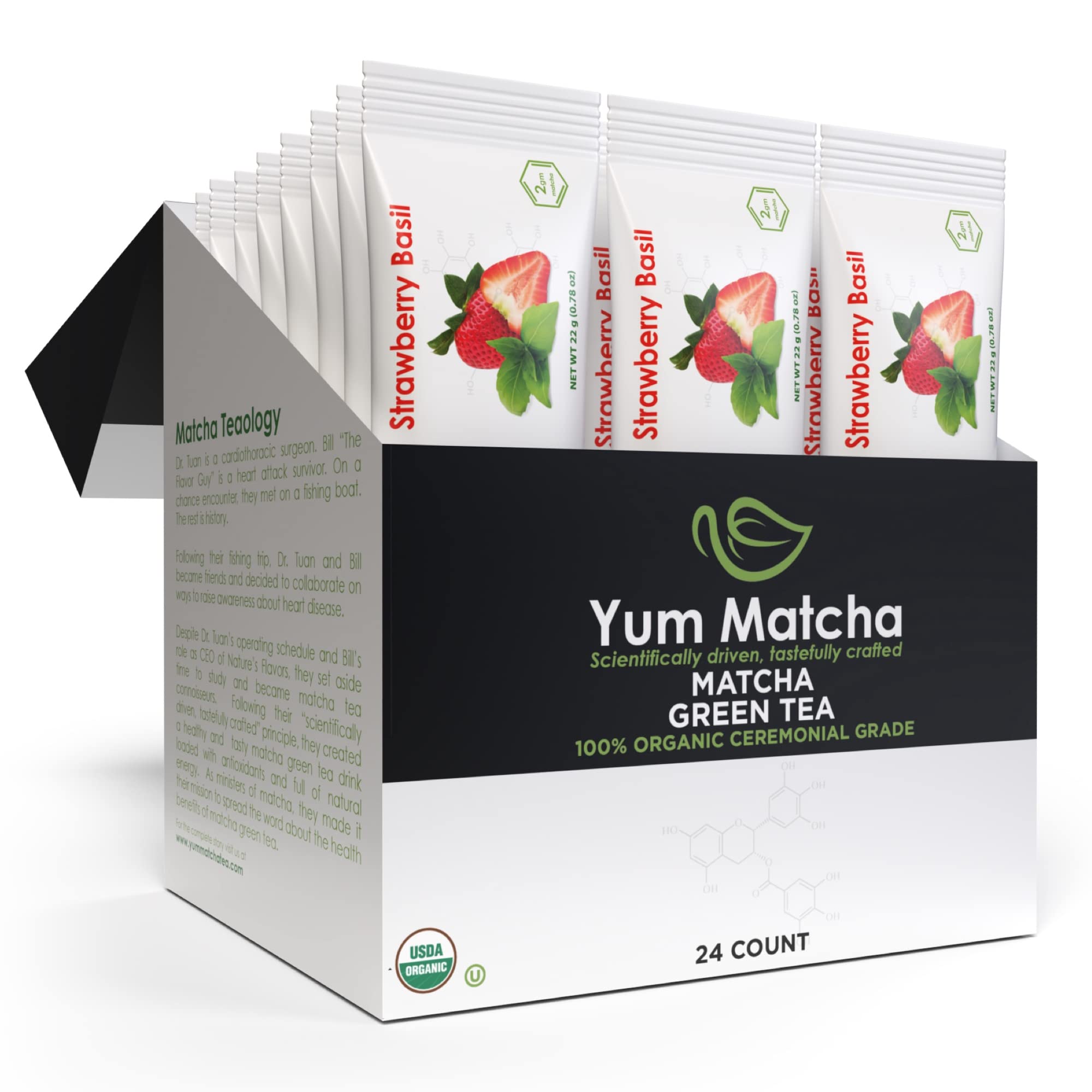 YUM MATCHA Organic Green Tea Powder, Ceremonial Grade (Strawberry Basil, 24-Pack)