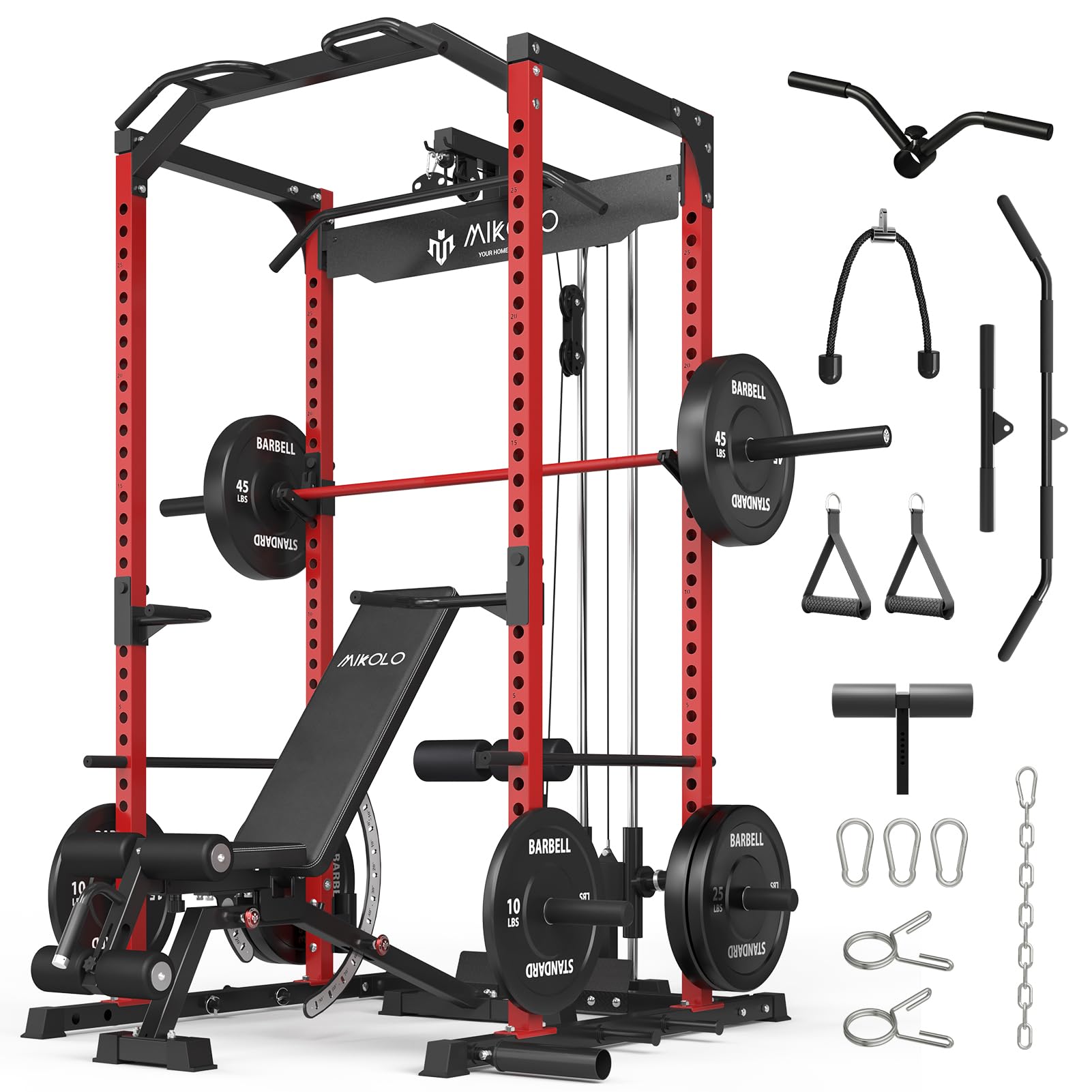 Mikolo F4 2.0 Power Cage with Dual-Track Smooth Pulley System, 1200LBS Power Rack with Leg Hold-Down for Heavy LAT Pulldowns