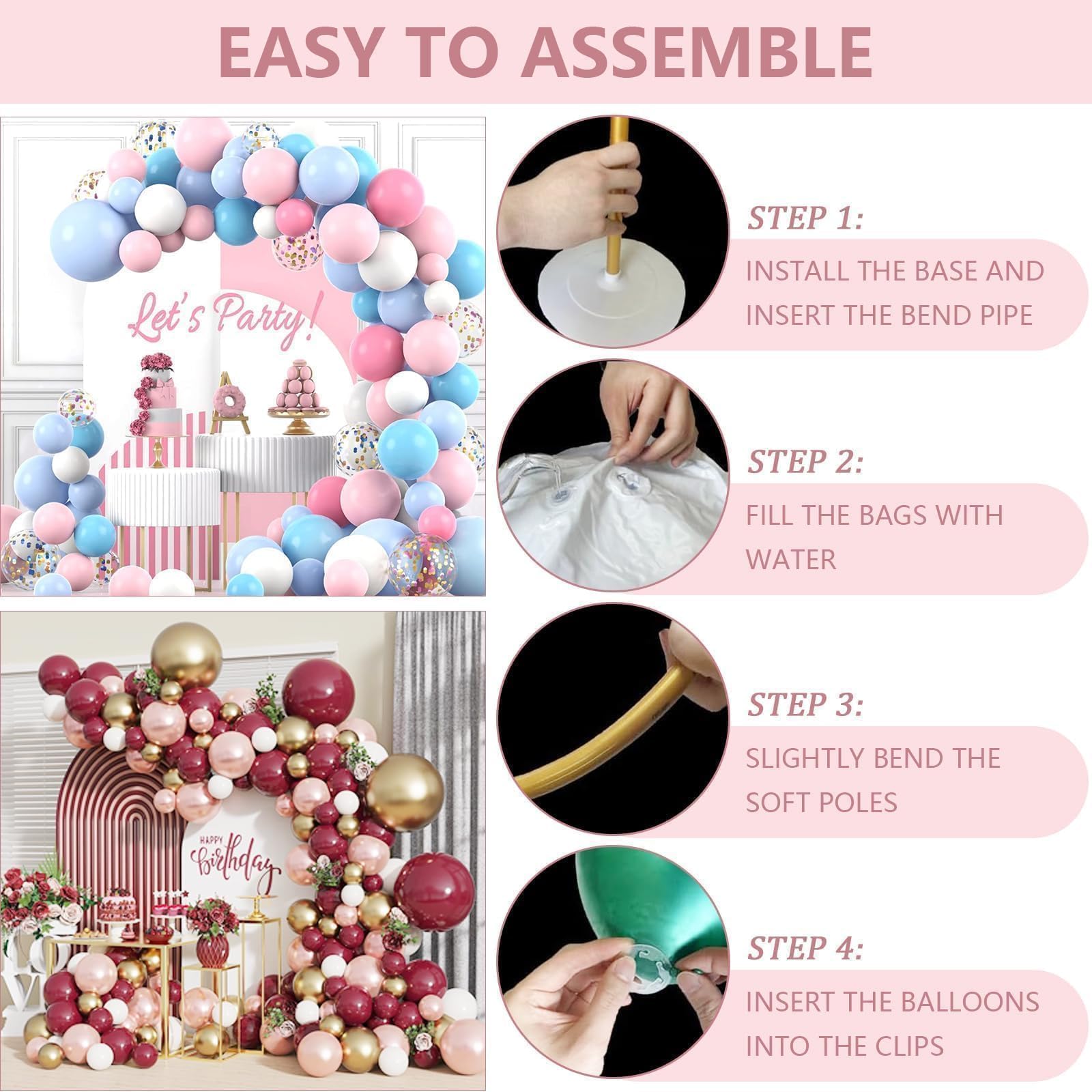 Kit de soporte de arco de globos flexible, soporte de arco de globos con base de agua de relleno, soporte de globo de medio arco de 8.2 pies y 5 pies para boda, baby shower, fiesta de cumpleaños,
