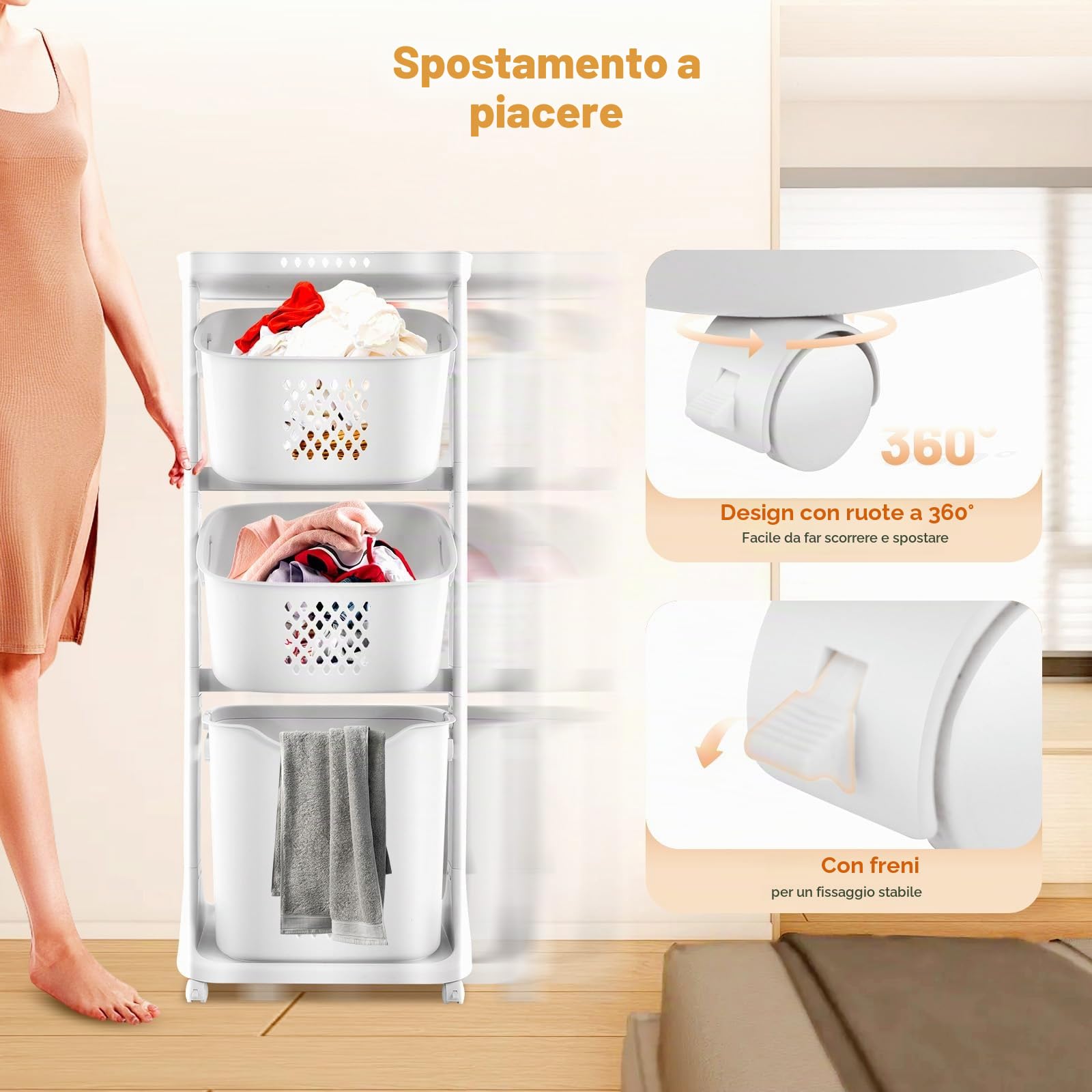 Cesto portabiancheria su rotelle, con 3 scomparti, in polipropilene, per vestiti, giocattoli, 43 x 33 x 109 cm, bianco