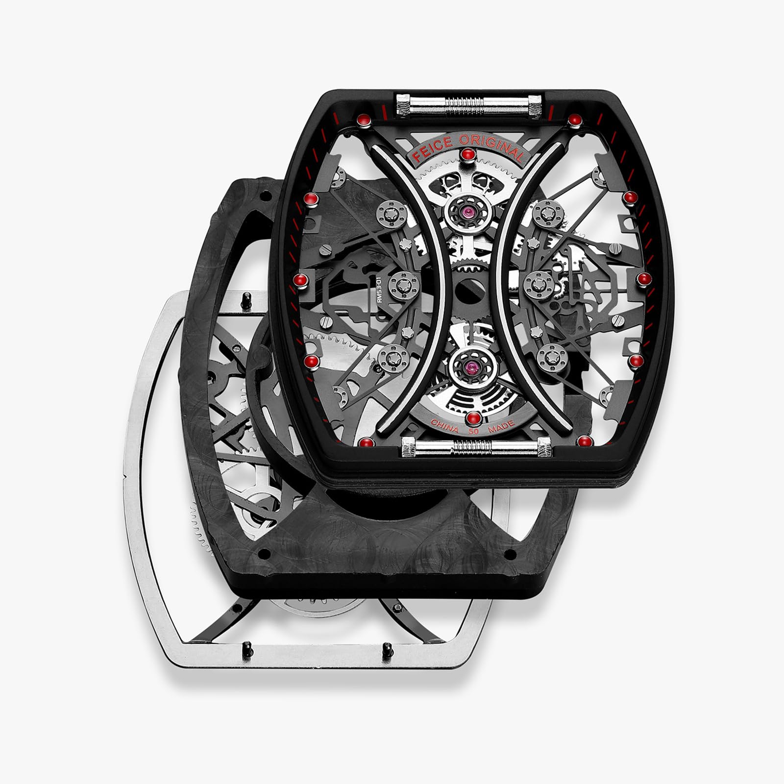 FEICE Orologio Scheletro da Uomo Orologio Automatico Vetro Zaffiro Orologi Meccanici Cassa Irregolare Movimento Giapponese Impermeabile Rosso