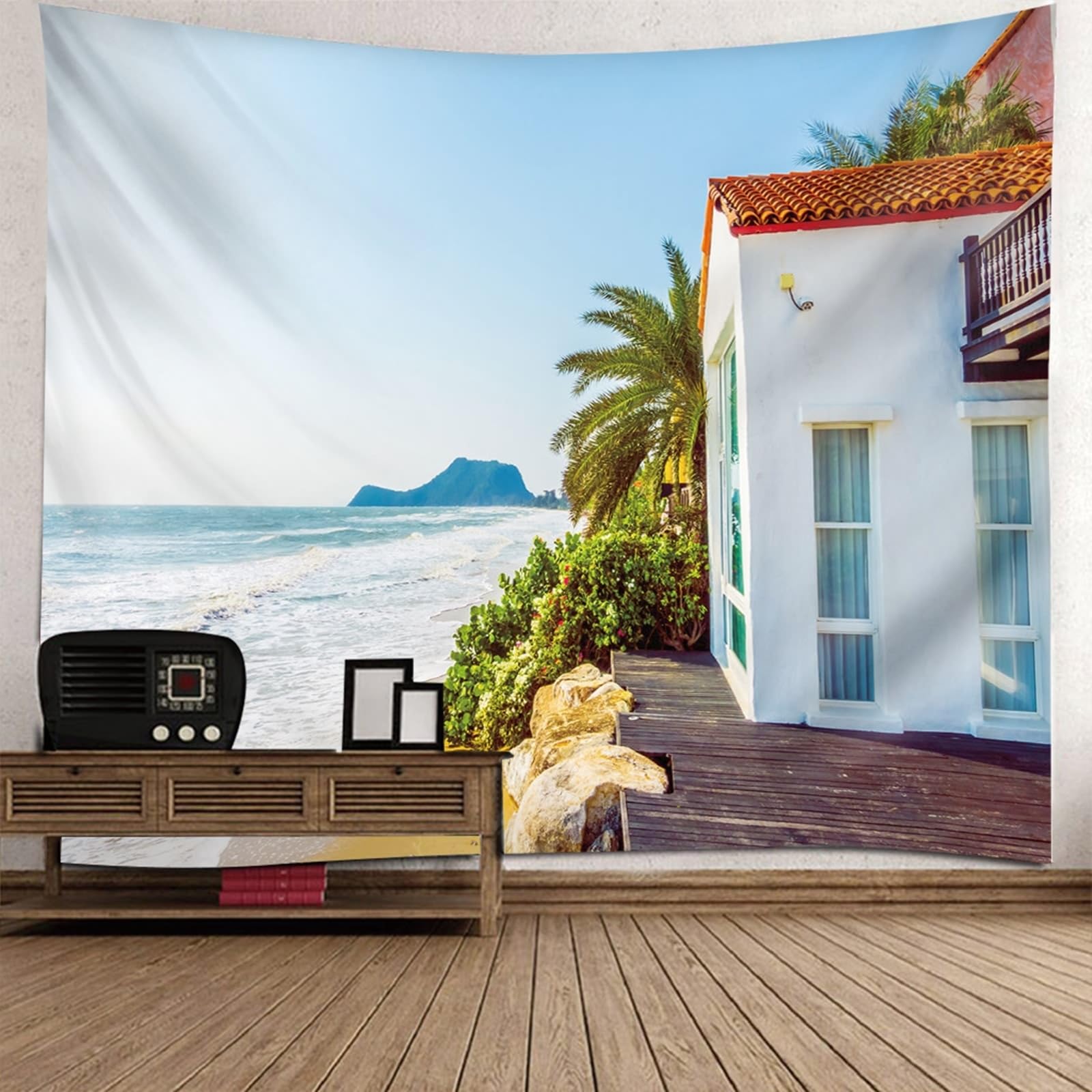 Wandtuch Landschaft Natur XXL, Wandteppich Meeresufer Villa Landschaft Wandteppiche XXL Polyester Accessoires für Wohnzimmer Wanddeko, Hellblau Grün, 300x256cm