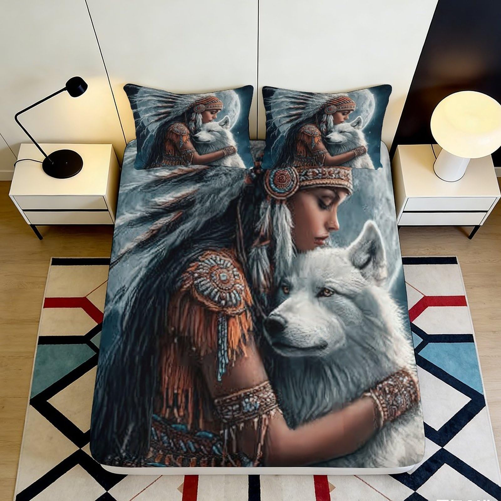 3D Printed Native American Woman and White Wolf Fitted Sheet Microfiber Soft Breathable Tribal Pattern Bed Cover for Bedroom Dormitory Guest Room 200x200x25cm