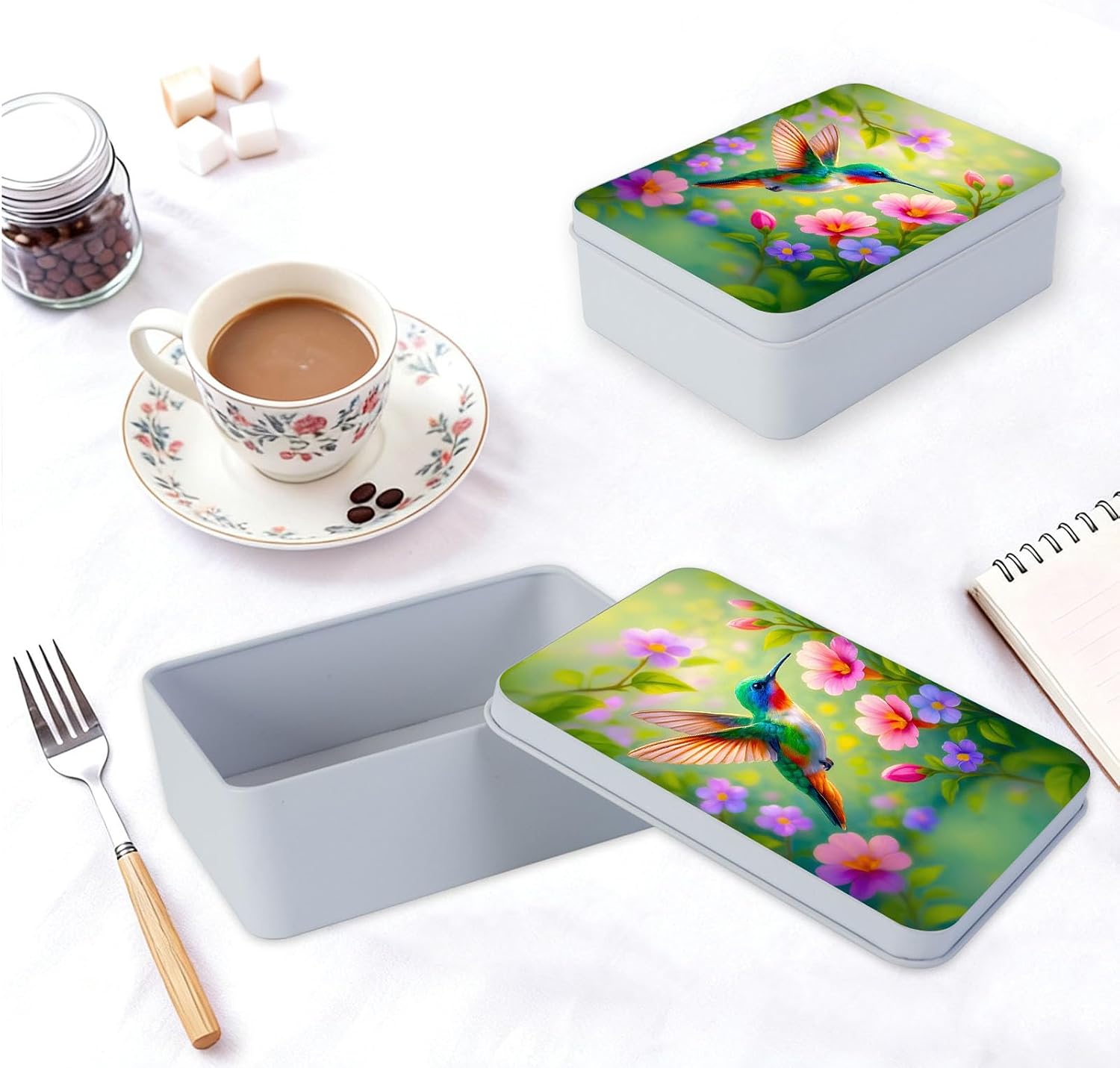 Metal Tin Box with Lid, Hummingbird in Flowers Sturdy Decorative Metal Storage Container, Durable Printed Tin Case for Gifts, Crafts, Small Items, Home & Office Organization