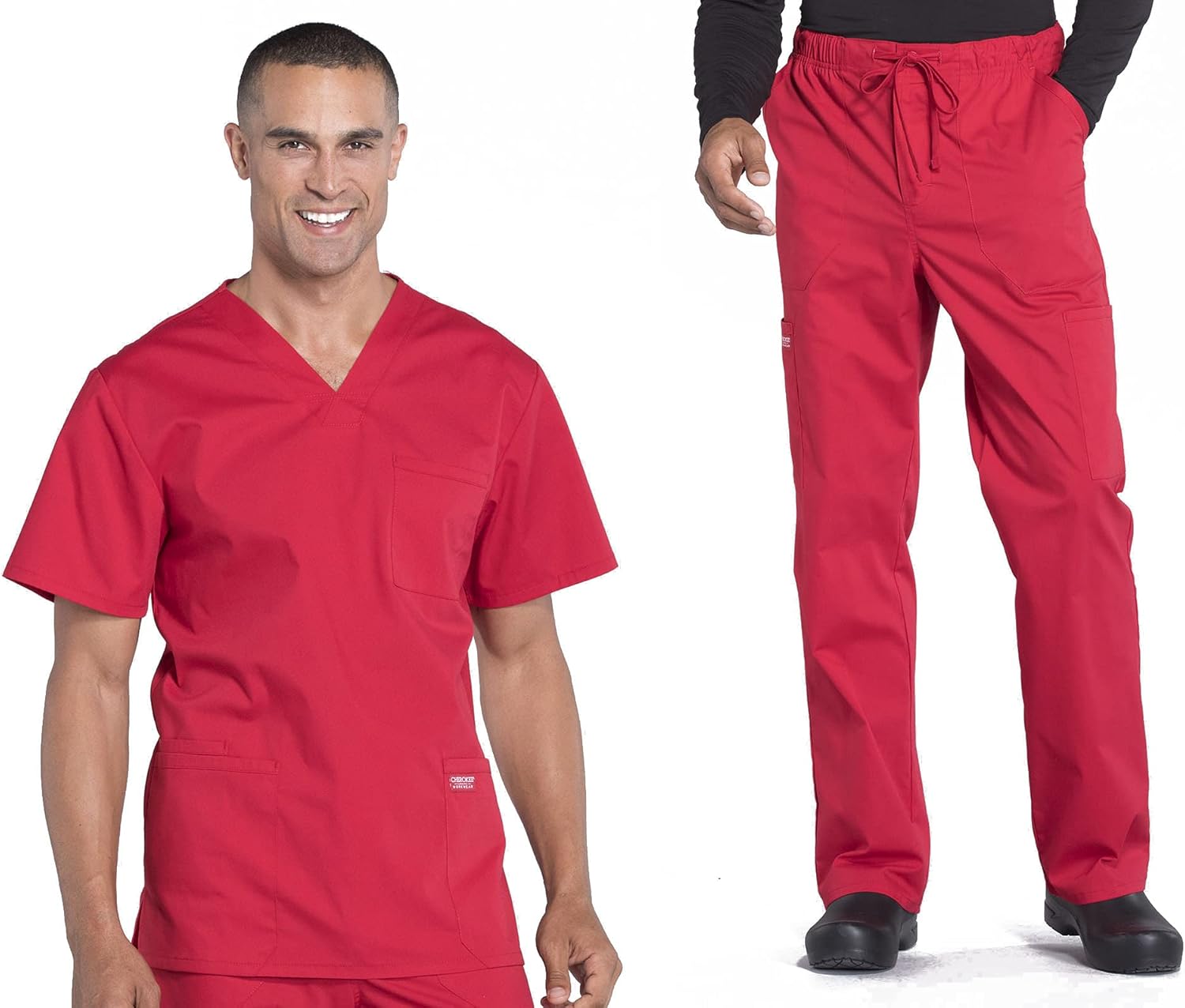 Men Scrubs Set Workwear Professionals WW695 V-Neck Top & WW190 Tapered Leg Fly Front Cargo Pant, Red- S Top/S Pant
