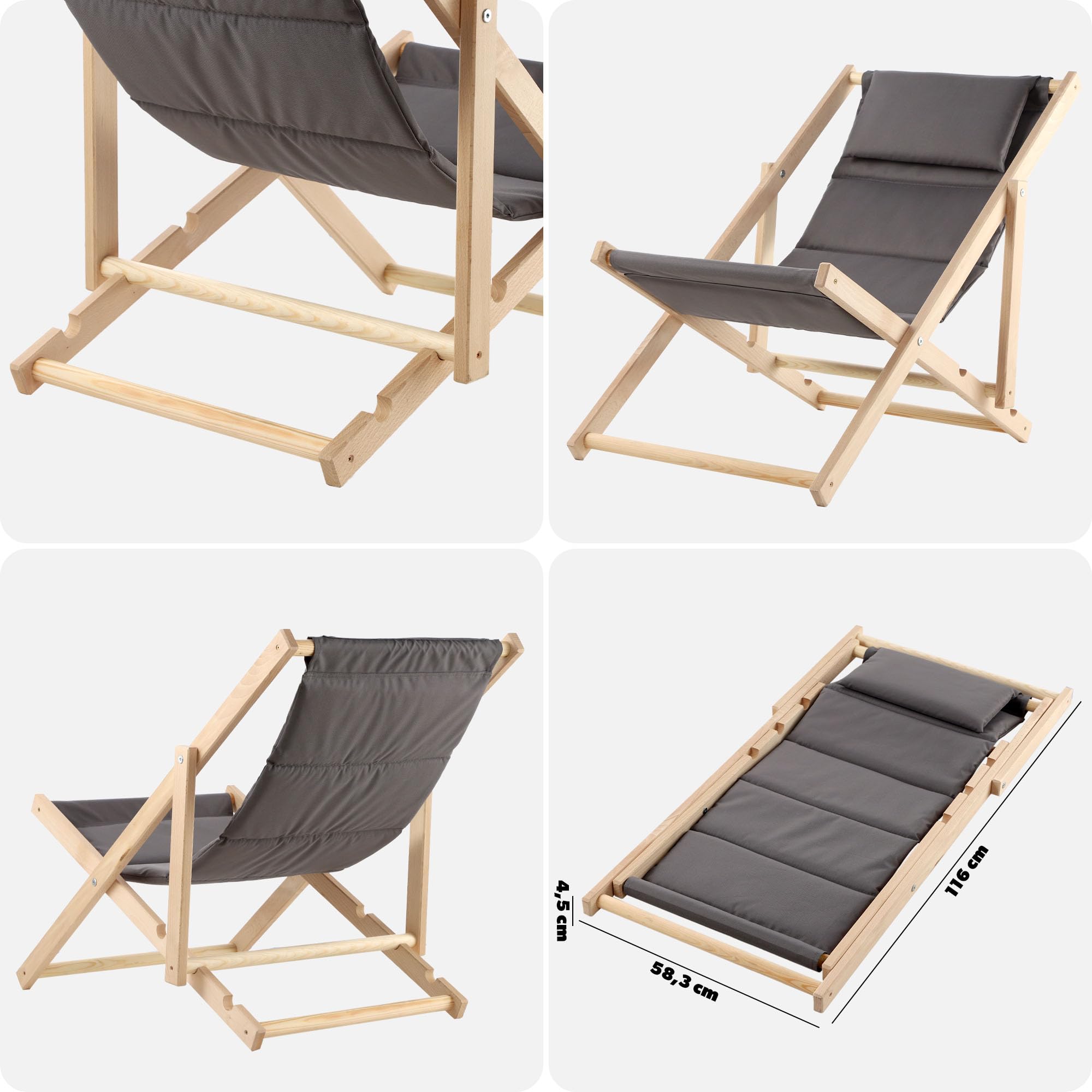 KADAX Liegestuhl, Strandstuhl aus Holz, Sonnenliege bis 120kg, Liege aus Buchenholz, Holzklappstühle, Strandliege, Klappliege für Strand, Holz-Liegestuhl (Mit Kopfstütze, Grau)