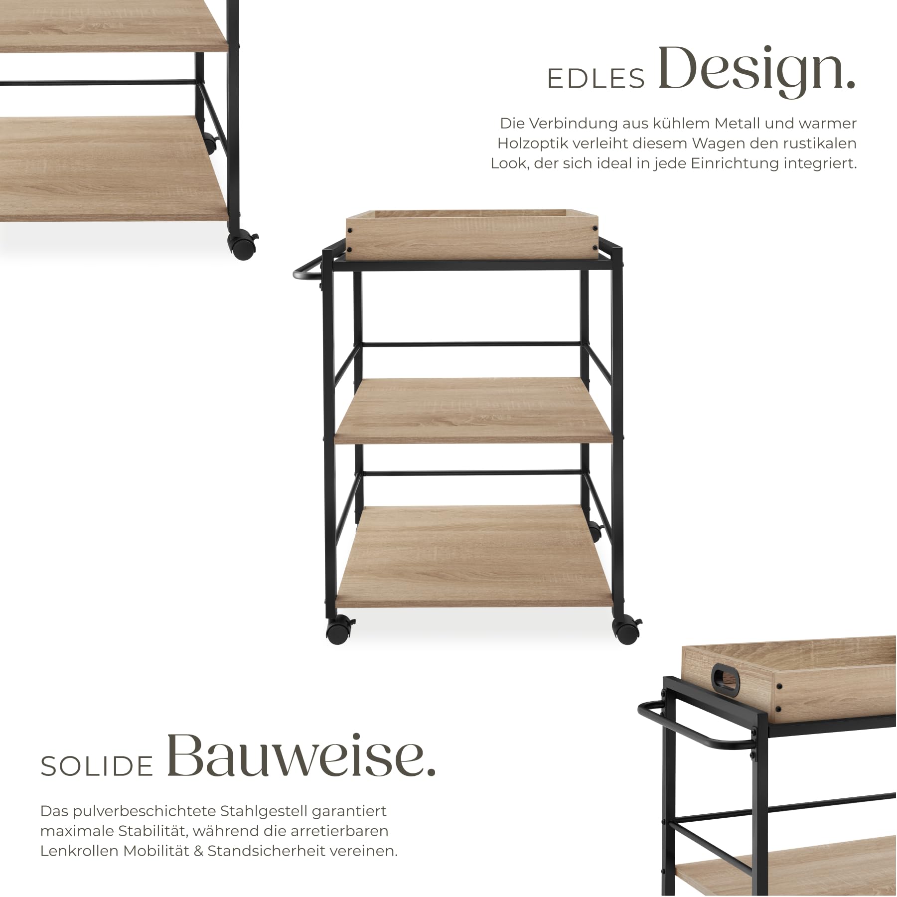tectake® Servierwagen mit Rollen, abnehmbares Tablett, Kitchen Trolley 65 x 41,5 x 87 cm, Küchenwagen mit Rollen, Rollwagen Küche mit 2 Ablagen, Bastelwagen, Industrial Holz hell, Eiche Sonoma