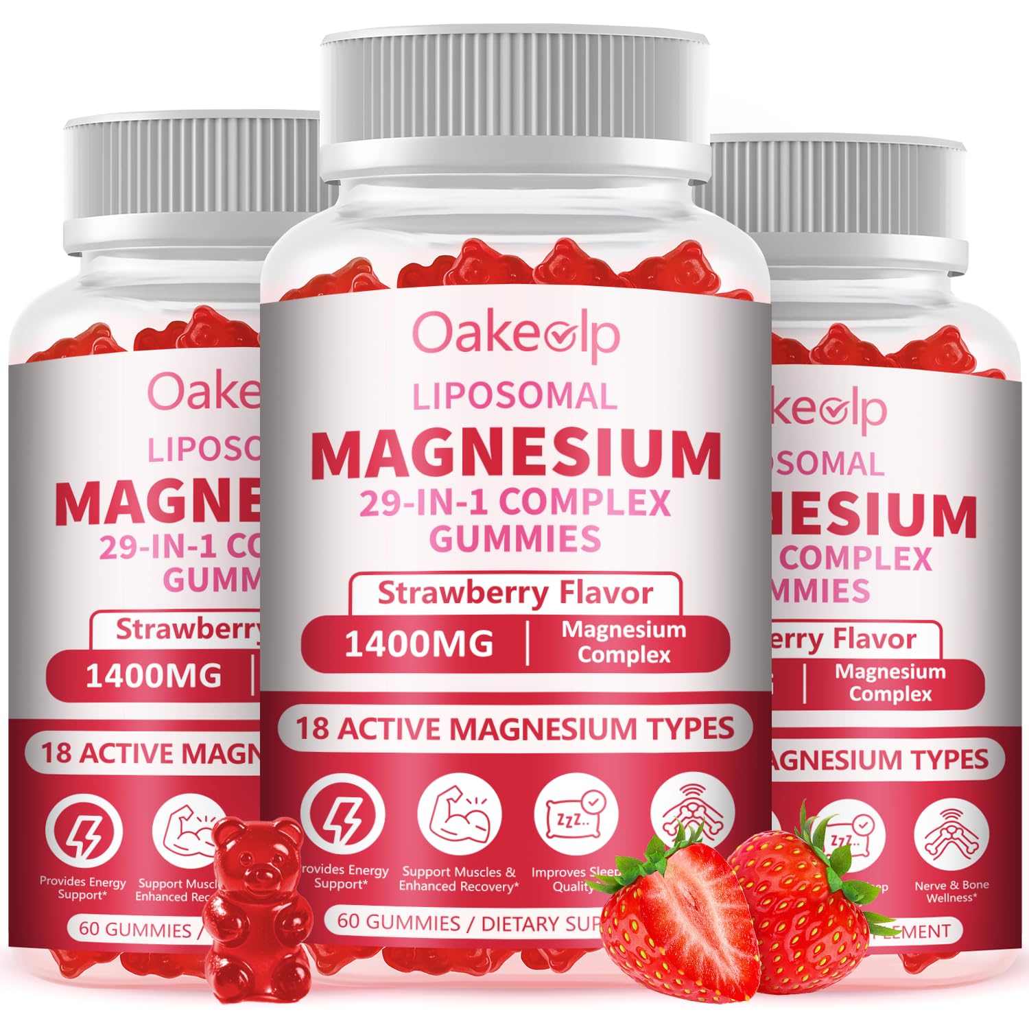3 Pack 29-in-1 Liposomal 18 Active Types Magnesium Complex 1400MG Gummies,Citrate Glycinate Malate etc,Mild & Efficient,Extra Vitamin B6 B12 D3K2 & CoQ10 for Women and Men-Support Bone & Muscle 60 Count (Pack of 3)