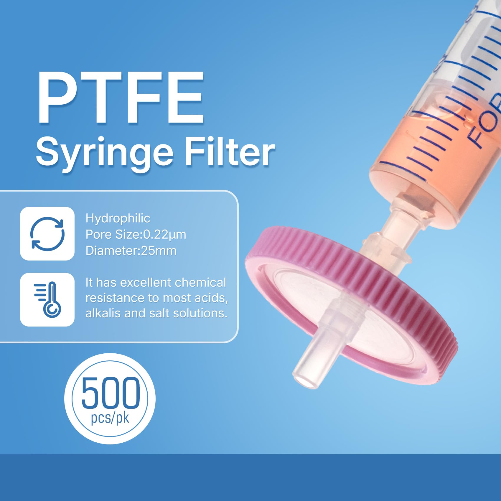 500 Stk/Beutel PTFE Spritzenfilter Hydrophile 0,22 μm Porengröße, 25 mm Membran Durchmesser, Labor-spritzenfilter, HPLC und GC spritzenfilter | Spritzenfilter