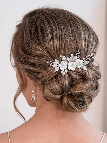 Catery Peine para el cabello de novia de flores plateadas, piezas de pelo de novia con diamantes de imitación, joyería de ópalo, tocados con