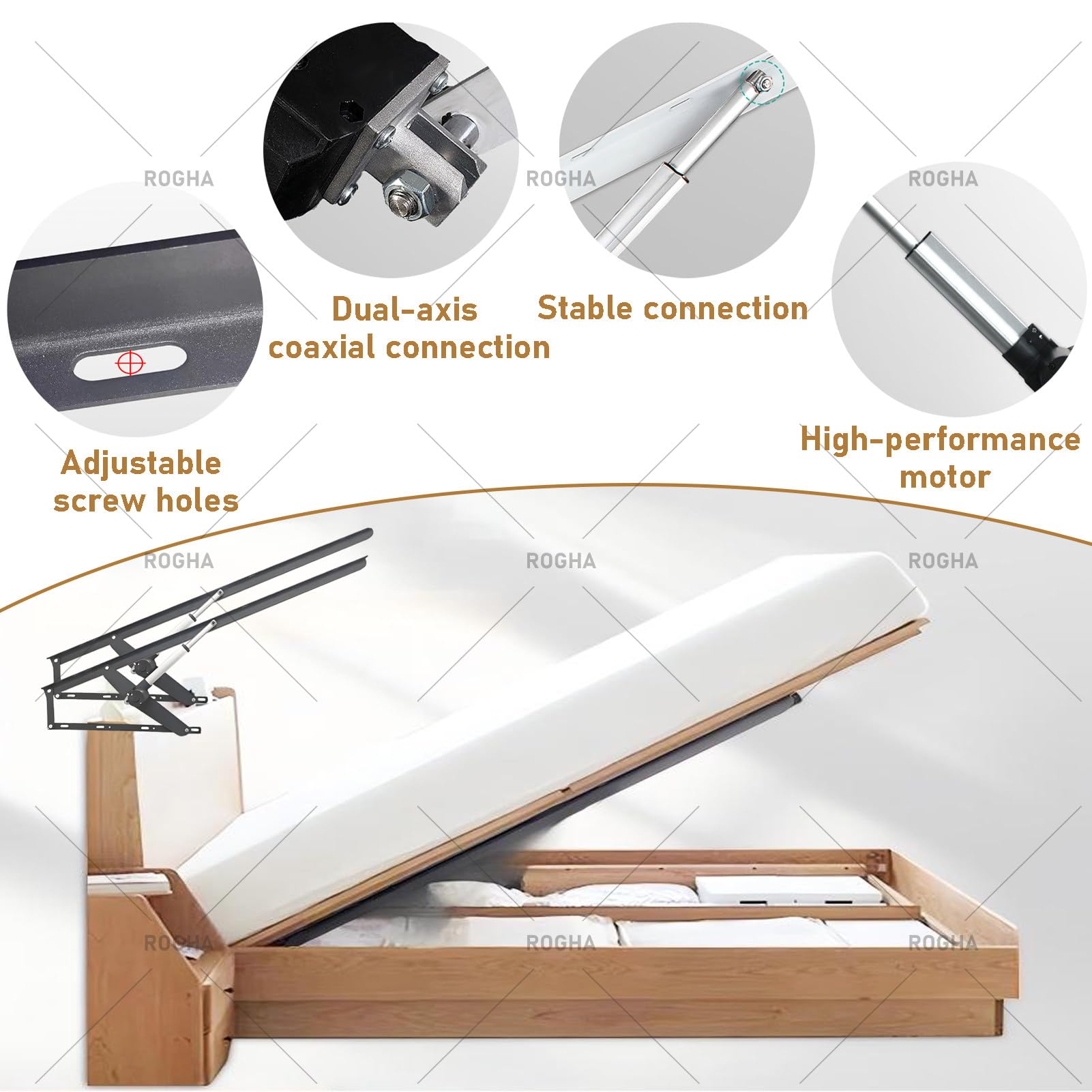 Mecanismo Eléctrico de Elevación de Cama de Acero con Control Remoto; Kit de 2 Amortiguadores de Gas de Alta Resistencia para Camas con arcón White-80cm