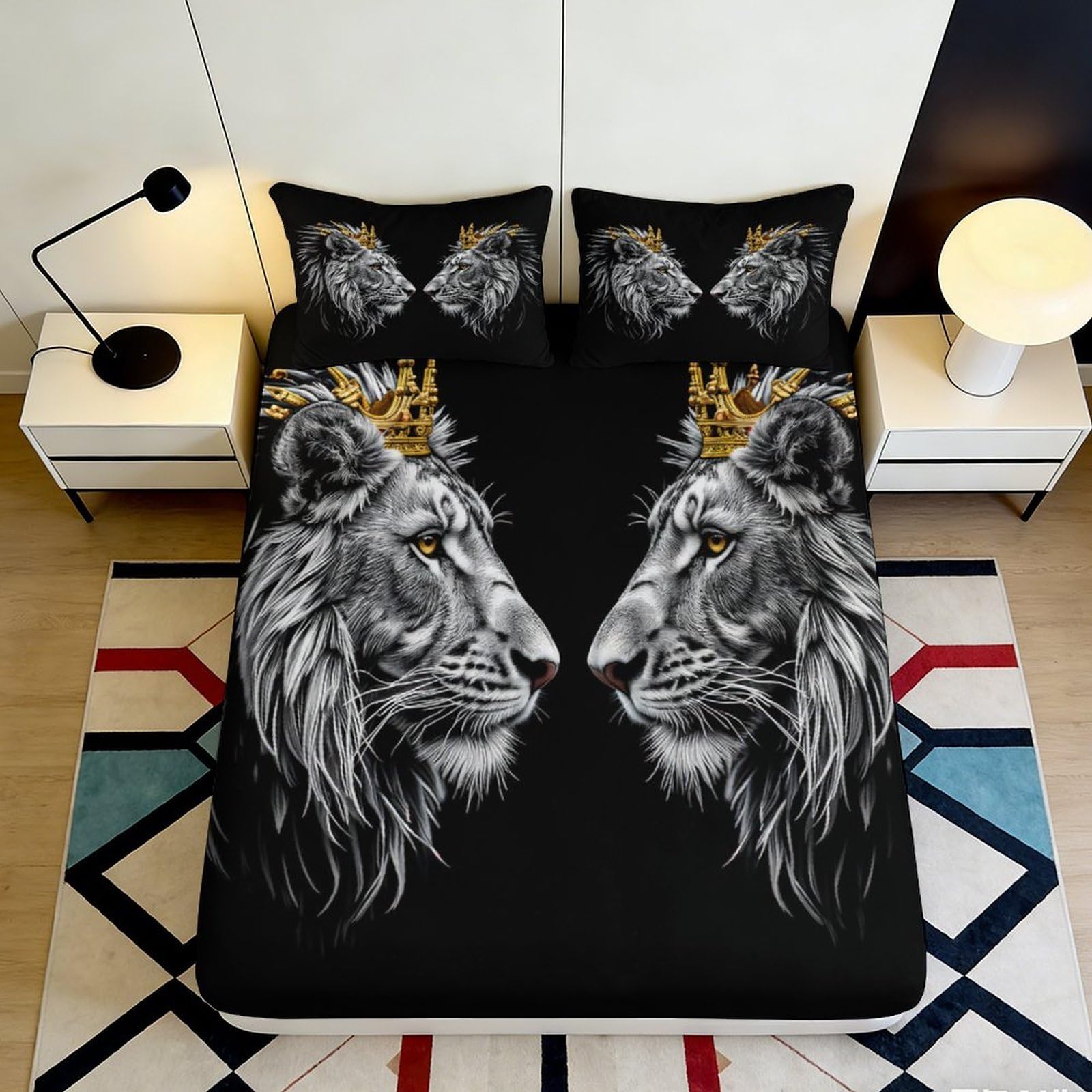 3D Printed King Lion Fitted Sheet Microfiber Black Gold Crown Mattress Cover Anti-Slip Washable for Bedroom Guestroom Decor 90x200x25cm