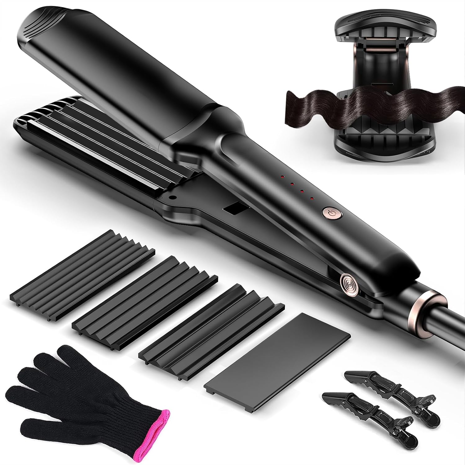 Hair Waver Crimper, Professional Hair Crimpers for Women with 4 Interchangeable Ceramic Plates, Hair Straightener Auto Temp Control Wide Plate Hairs Straightener & Styling Tool for All HairsTypes