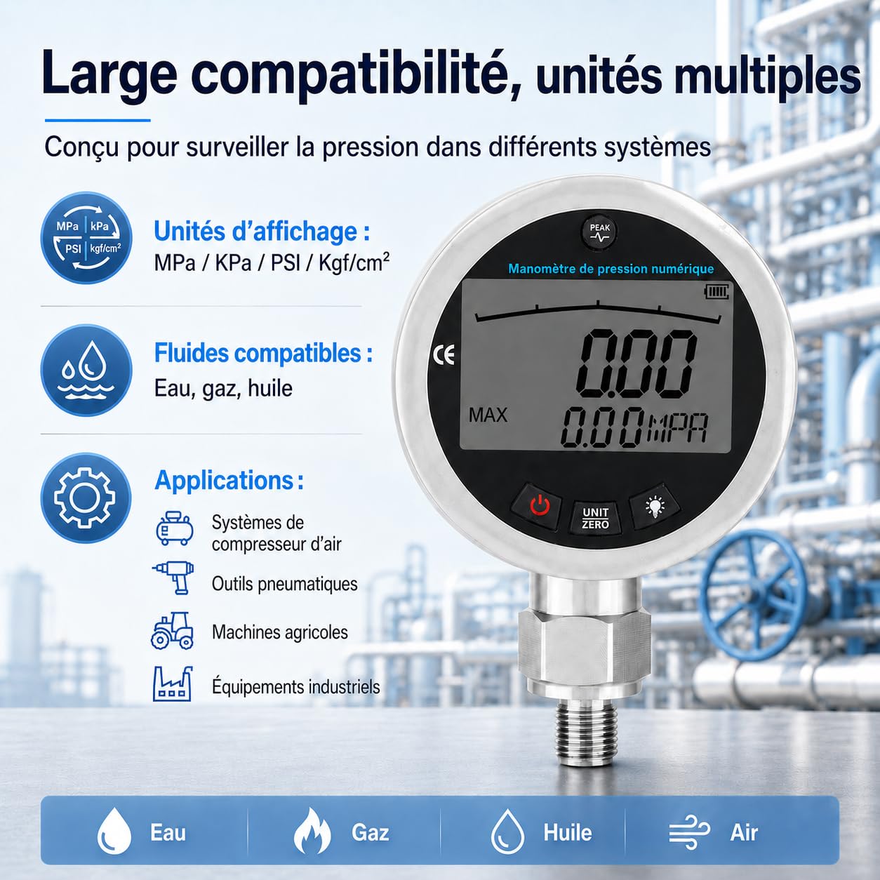 Manomètre Hydraulique Digital, Manomètre numérique hydraulique en acier inoxydable avec écran LCD éclairé pour eau, gaz, huile 400 bar, 0-40 MPa, 10000 PSI avec connecteur G1/4