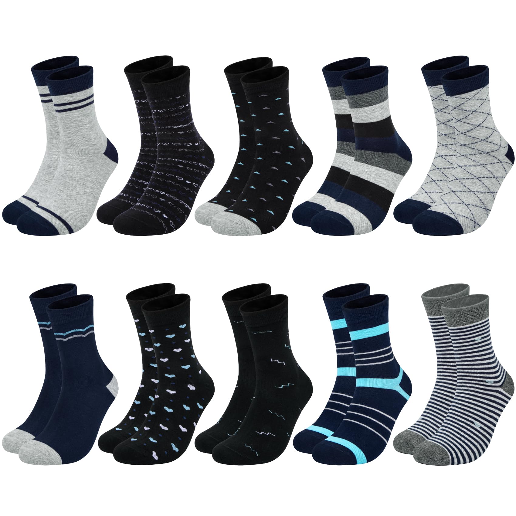 Chalier Cozy 10 Paar Damen Socken Baumwolle mit bunten Streifen, Punkte und Herzen - Bequeme Alltagssocken, ideale Geschenke für Frauen. Einheitsgröße
